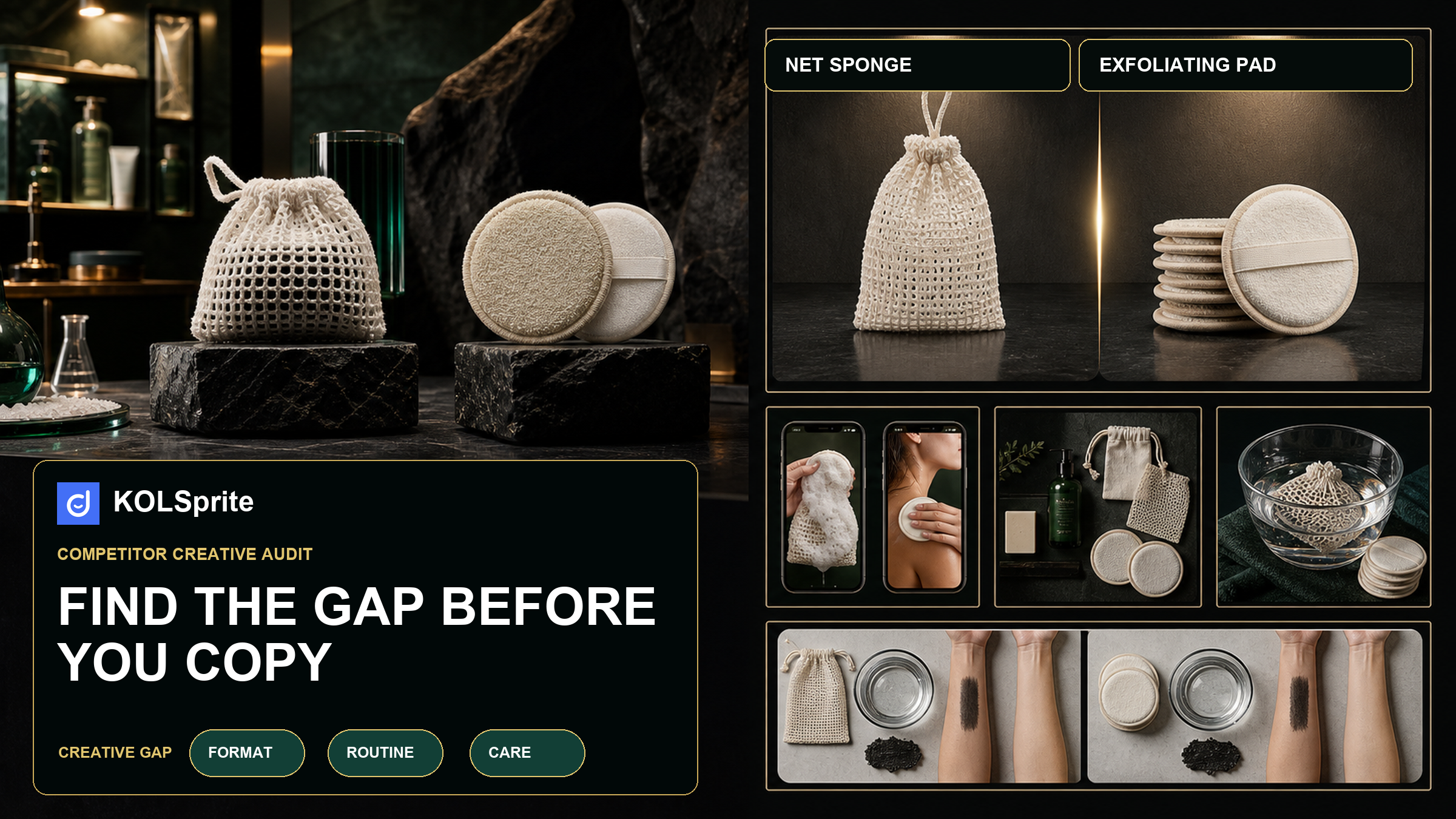 TikTok competitor analysis for Shopify stores showing a beauty-content audit, proof map, and competitive research board.