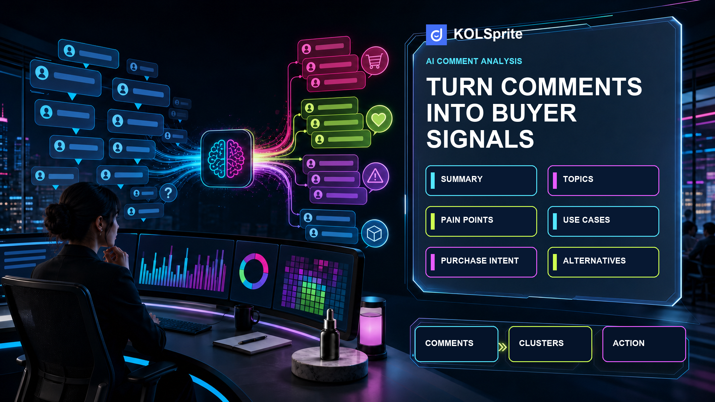 TikTok comment analysis for ecommerce showing buyer questions, AI classifications, and a product decision dashboard.