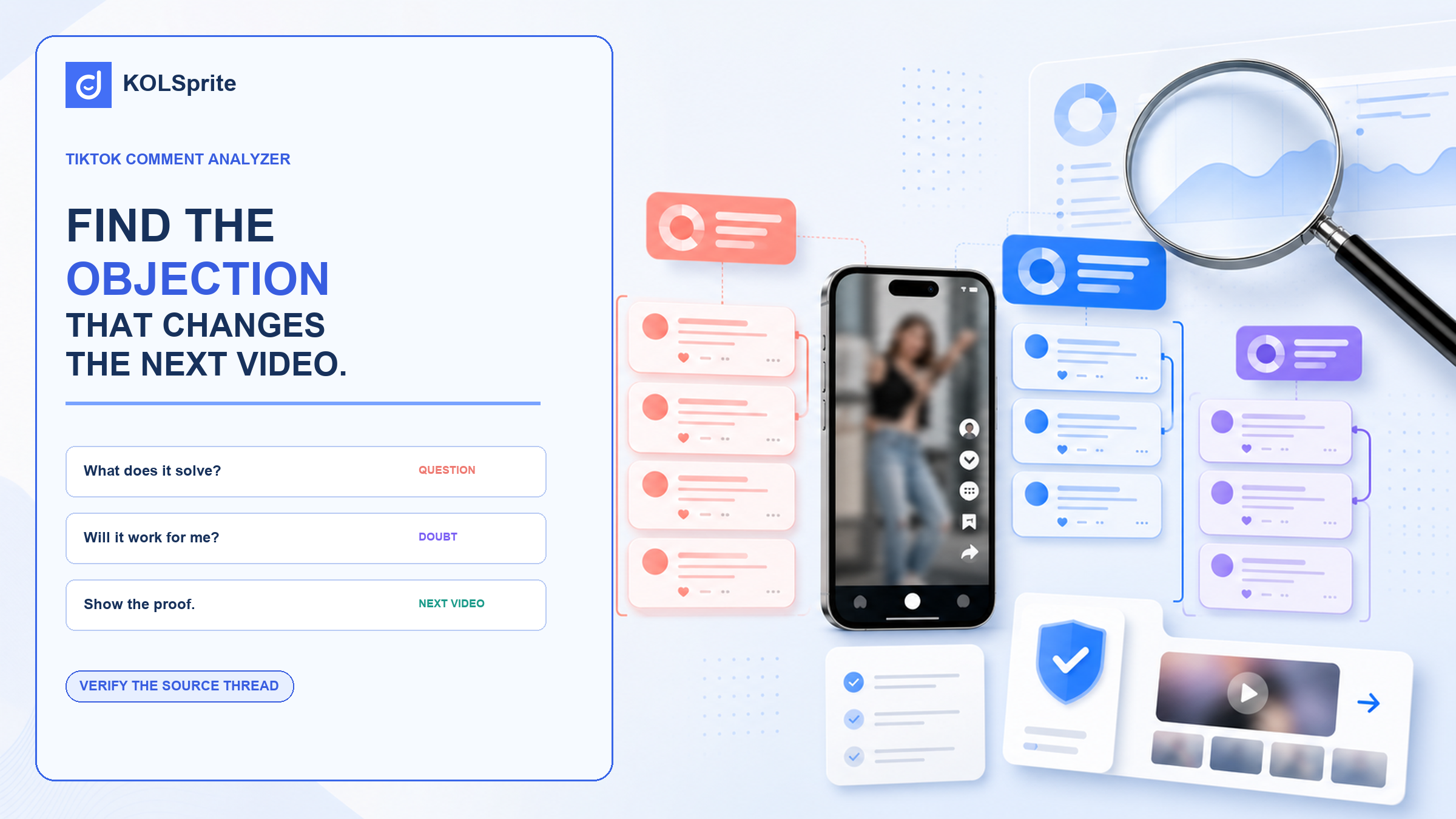 TikTok comment analyzer showing grouped public comment themes, source checks, and one objection-to-proof video brief.