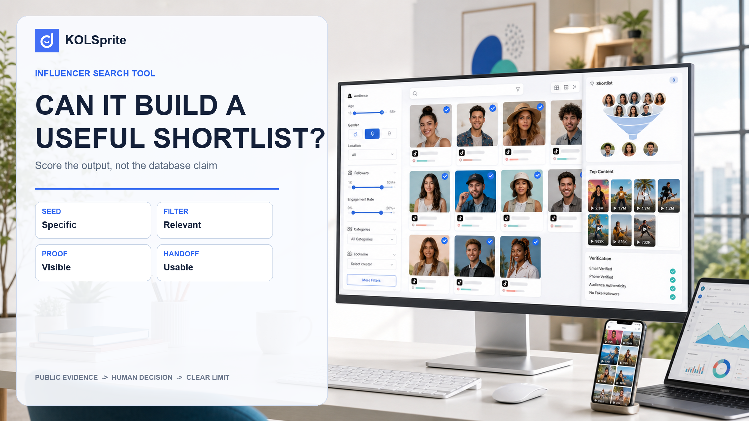 TikTok influencer search tool scorecard with seed quality, filters, evidence, handoff, and acceptance test panels.