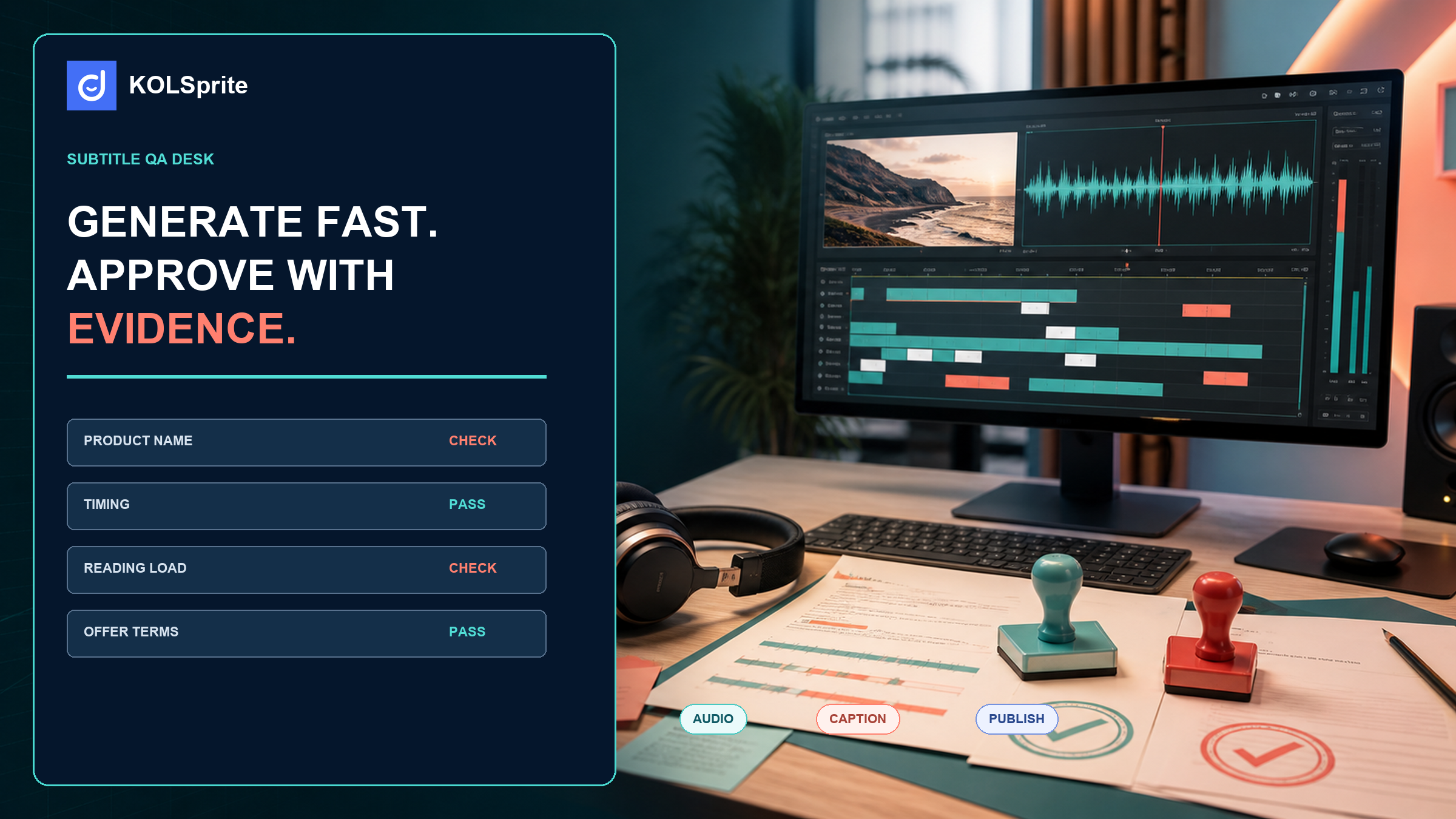 TikTok subtitle generator QA desk with audio timeline, caption approval card, error flags, and publish decision.