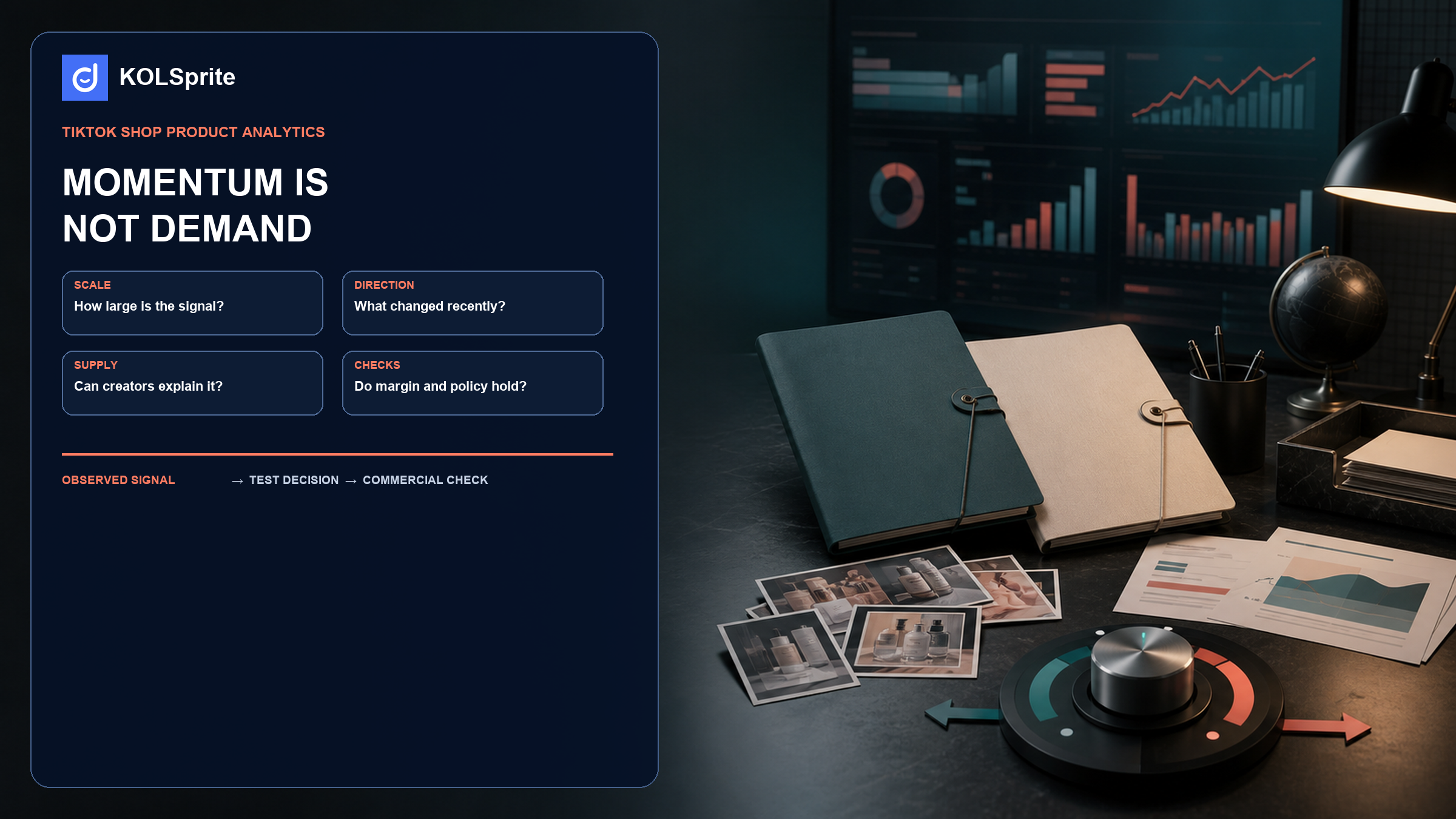 TikTok Shop product analytics dashboard contrasting sales scale, recent direction, creator supply, and a product test decision.