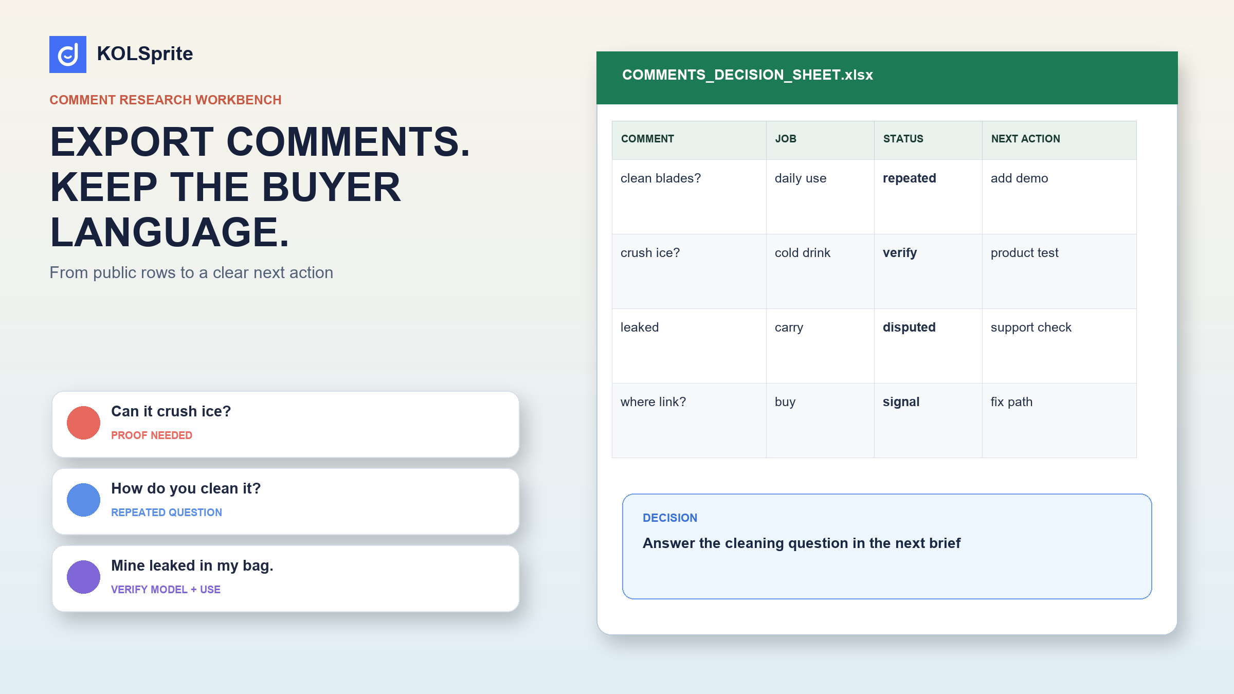 KOLSprite TikTok comment export cover showing an Excel sheet, buyer-language tags, objections, and next-action columns.