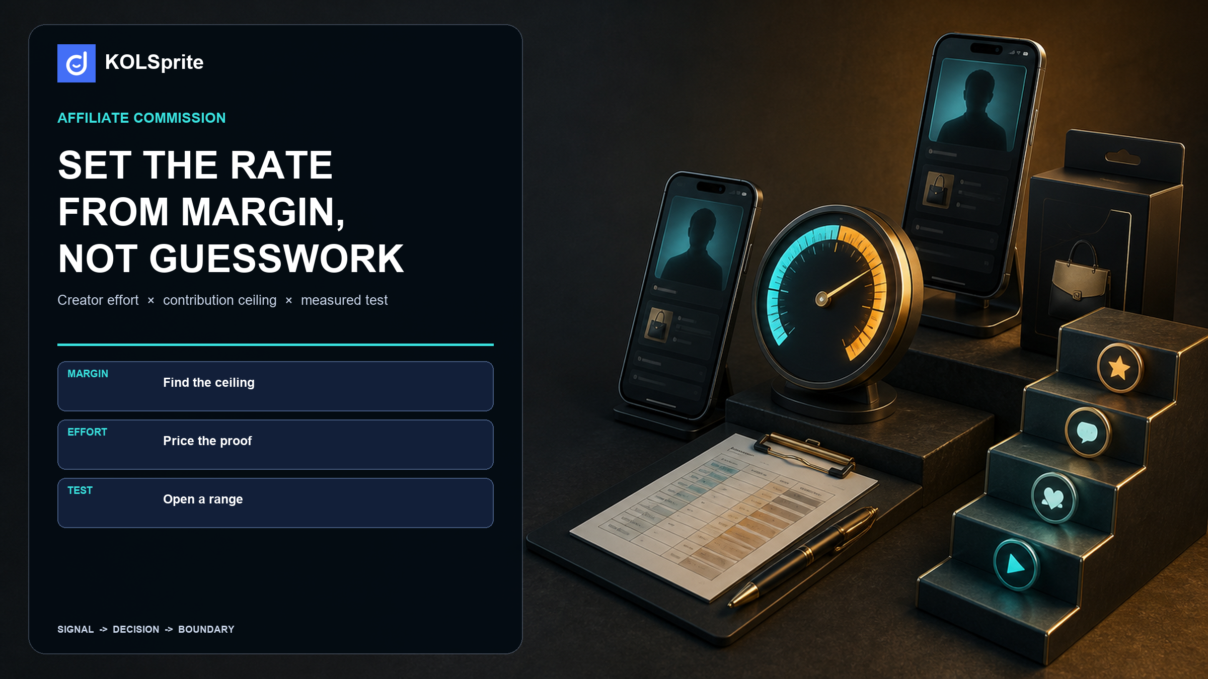 TikTok Shop affiliate commission workspace with a margin dial, creator effort ladder, and three-lane rate test.