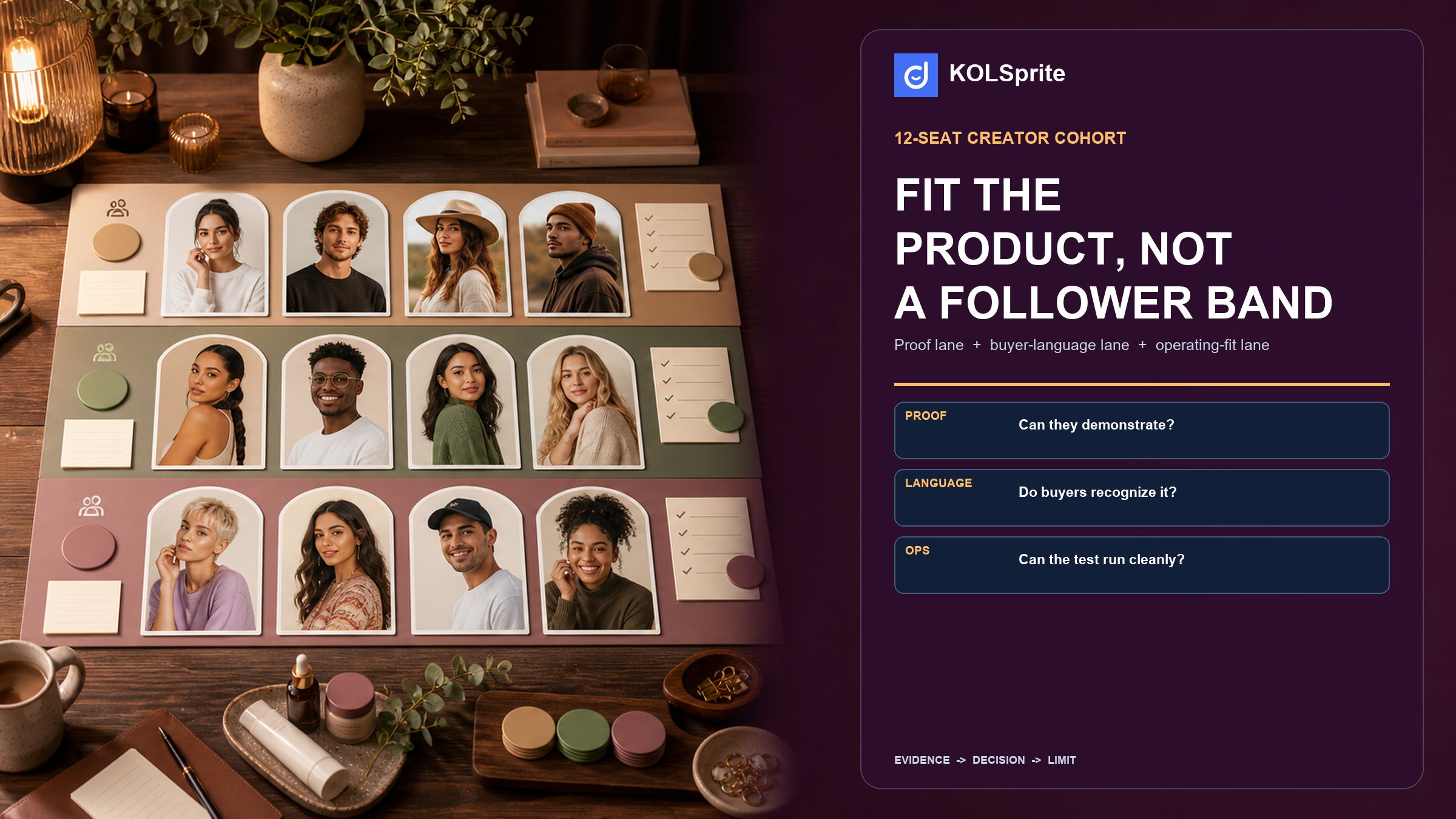 A twelve-seat TikTok micro influencer cohort board with creator lanes, product samples, and fit checks.