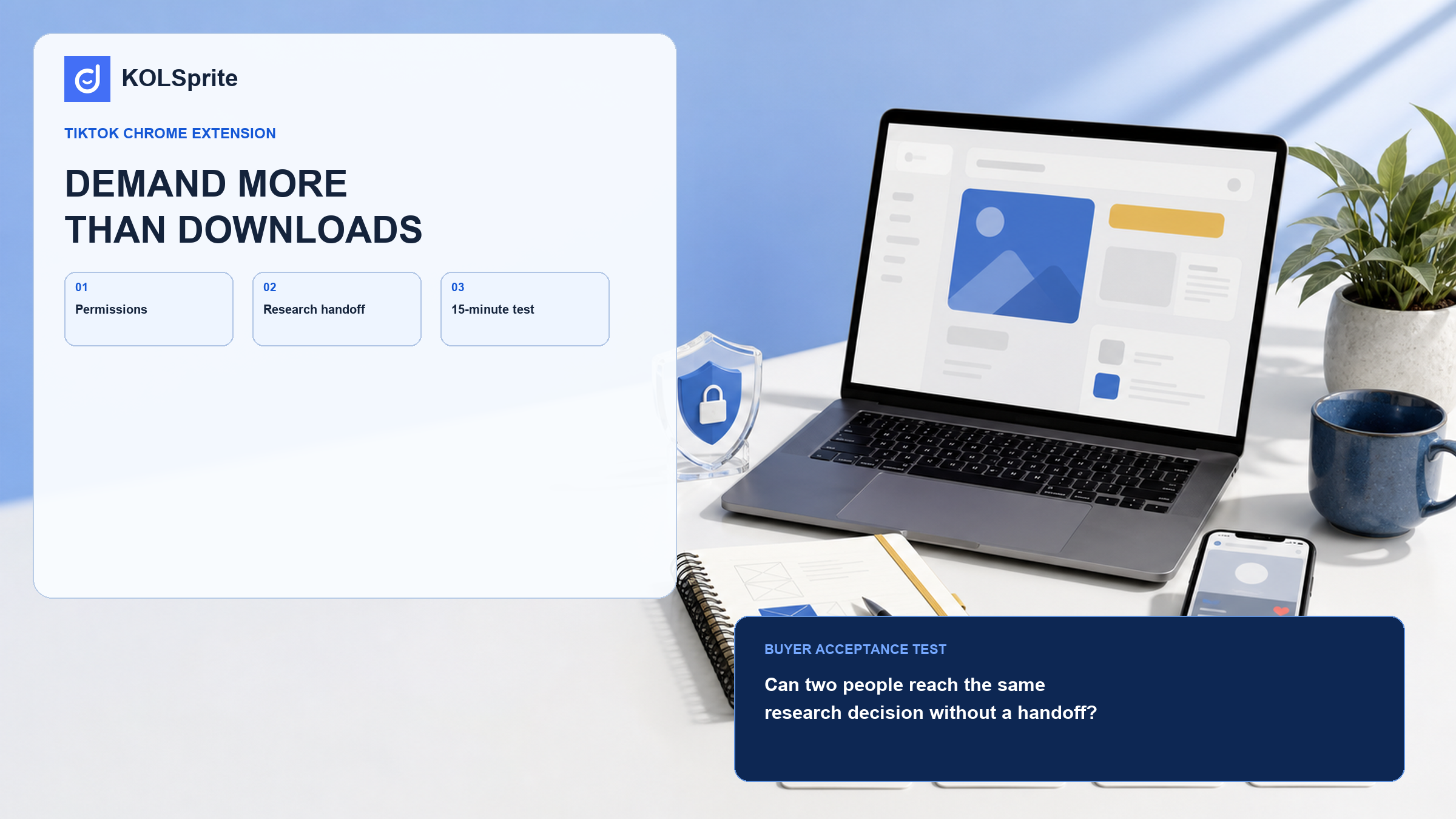 TikTok Chrome extension buyer checklist with a browser research loop, privacy shield, and acceptance test cards.