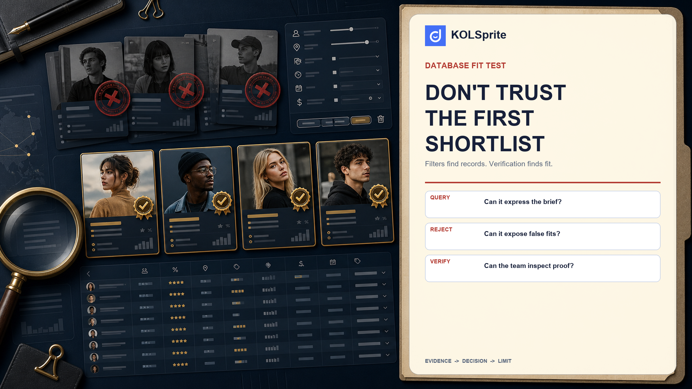 A KOLSprite TikTok influencer database fit test with creator records, rejection checks, and a verified shortlist.
