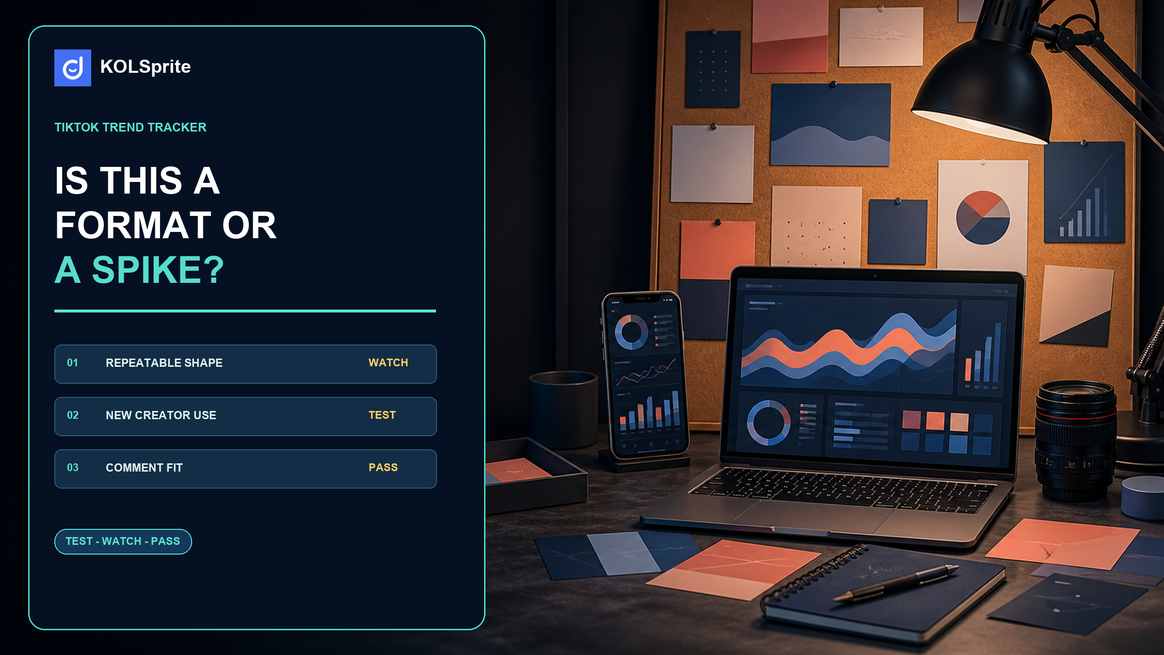 TikTok trend tracker editorial board with a format timeline, audience questions, shelf-life note, and test-watch-pass decision.
