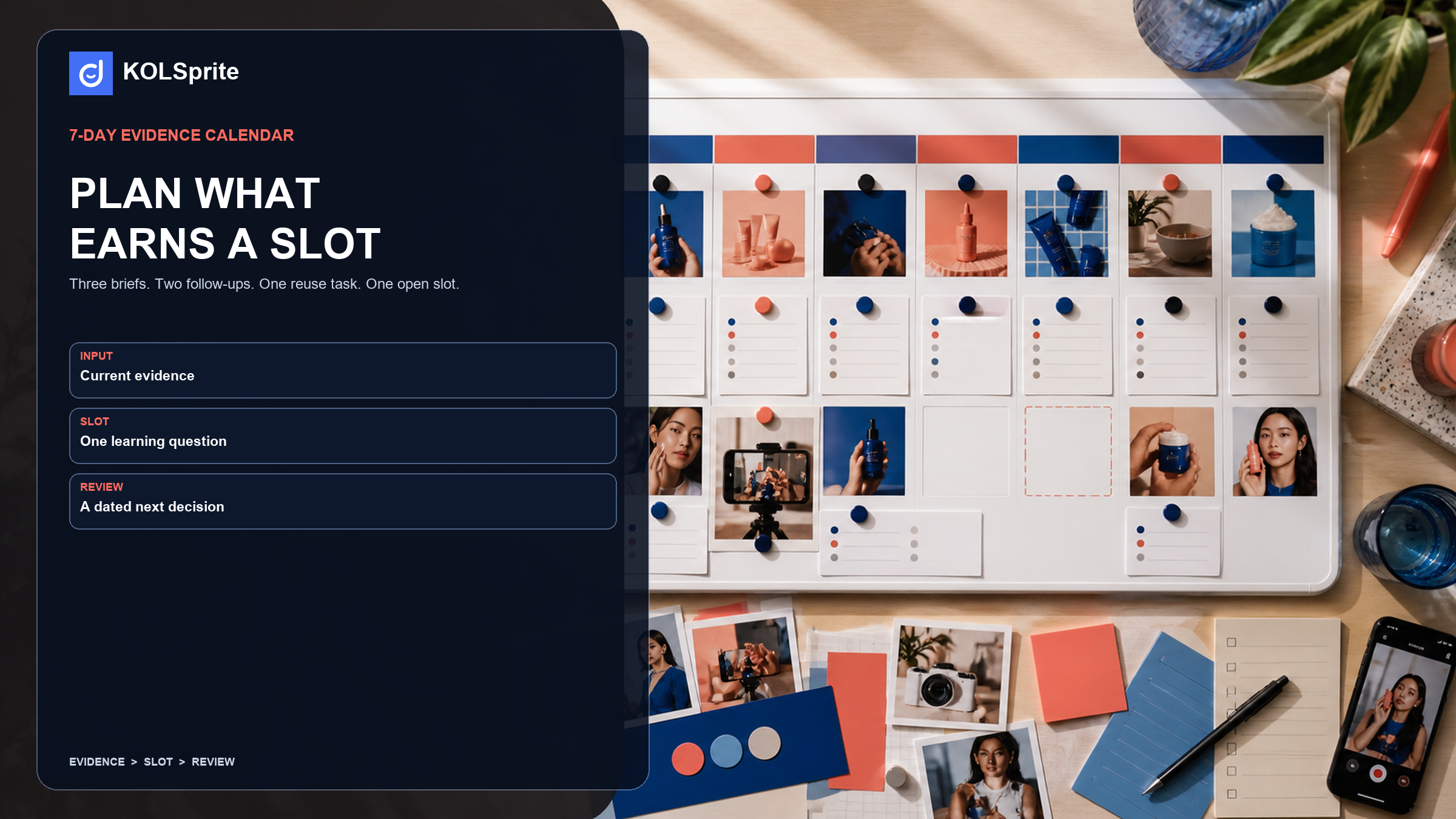A KOLSprite TikTok content calendar with seven daily slots, evidence cards, test briefs, and stop decisions.