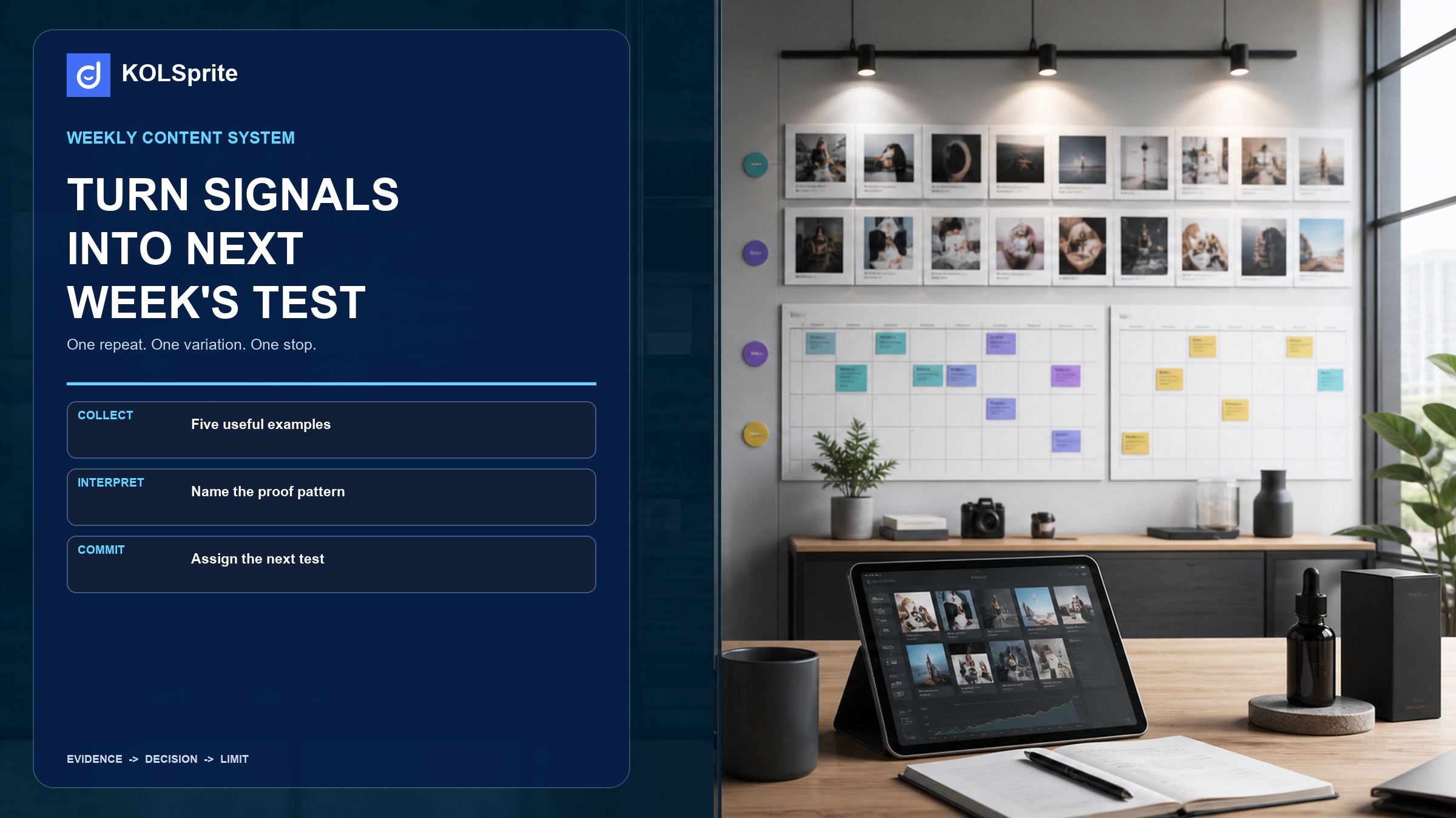 A KOLSprite weekly TikTok content strategy board with video evidence, test lanes, and a seven-day plan.
