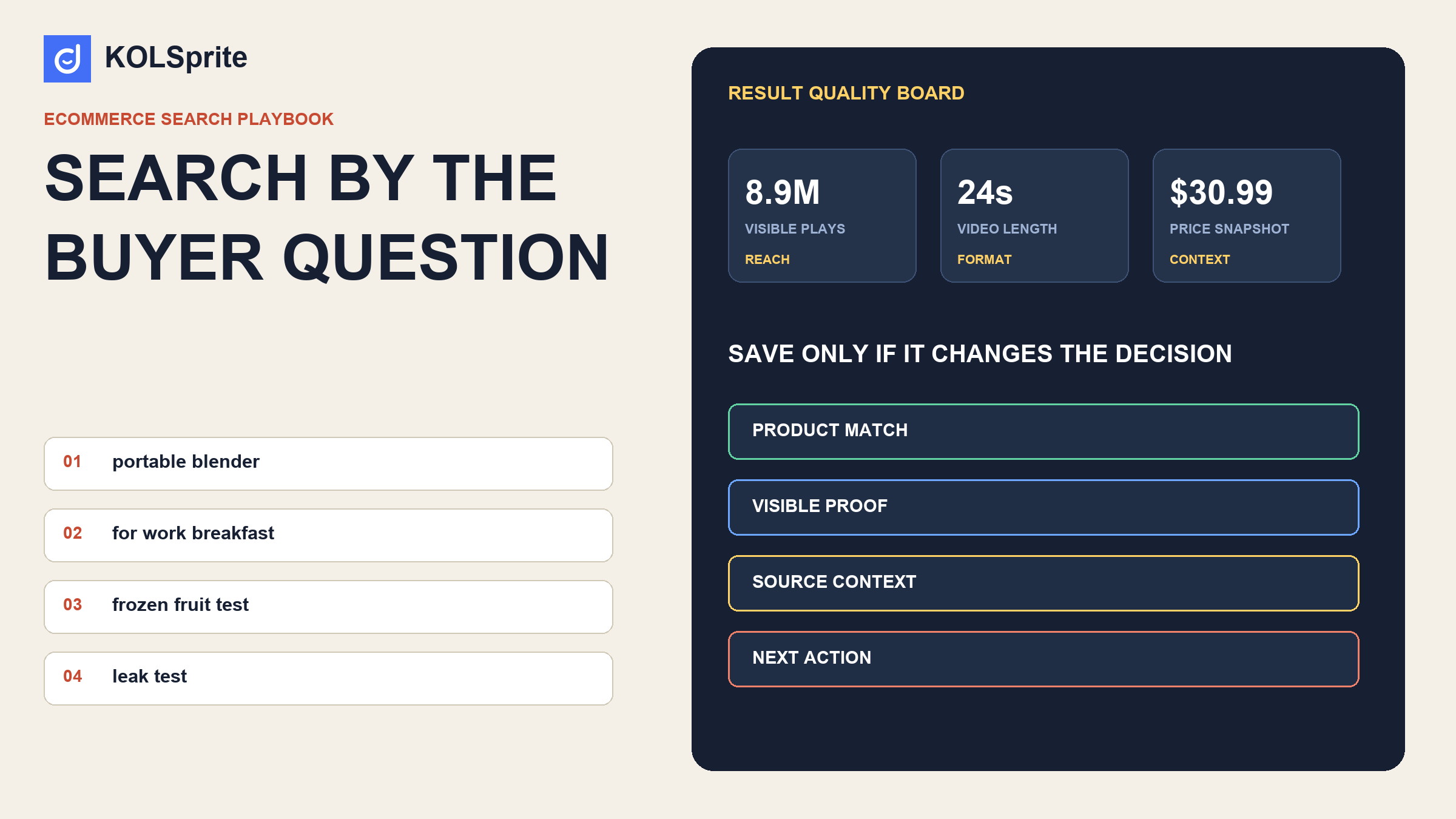 TikTok video search board comparing two keyword routes, product-linked results, proof signals, and research decisions.