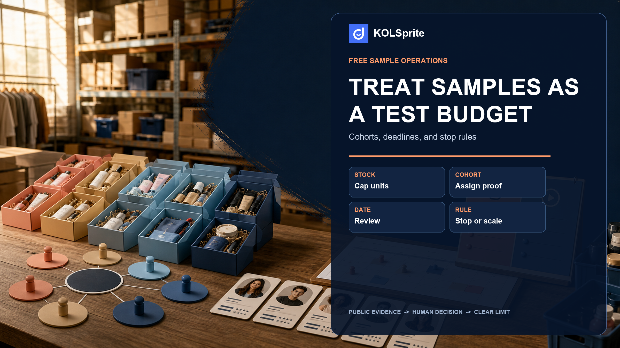 TikTok Shop free samples allocation board with creator cohorts, proof tasks, review dates, and stop rules.