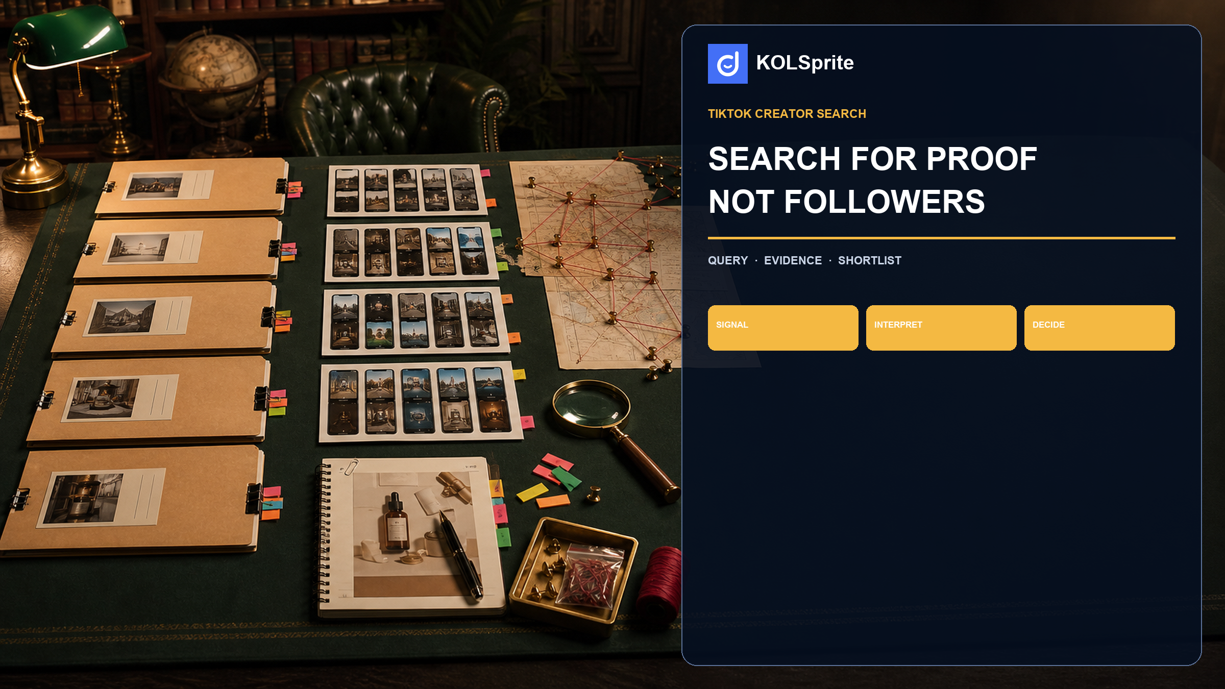 TikTok creator search research table with five creator dossiers, proof-task brief, evidence tabs, and shortlist map.