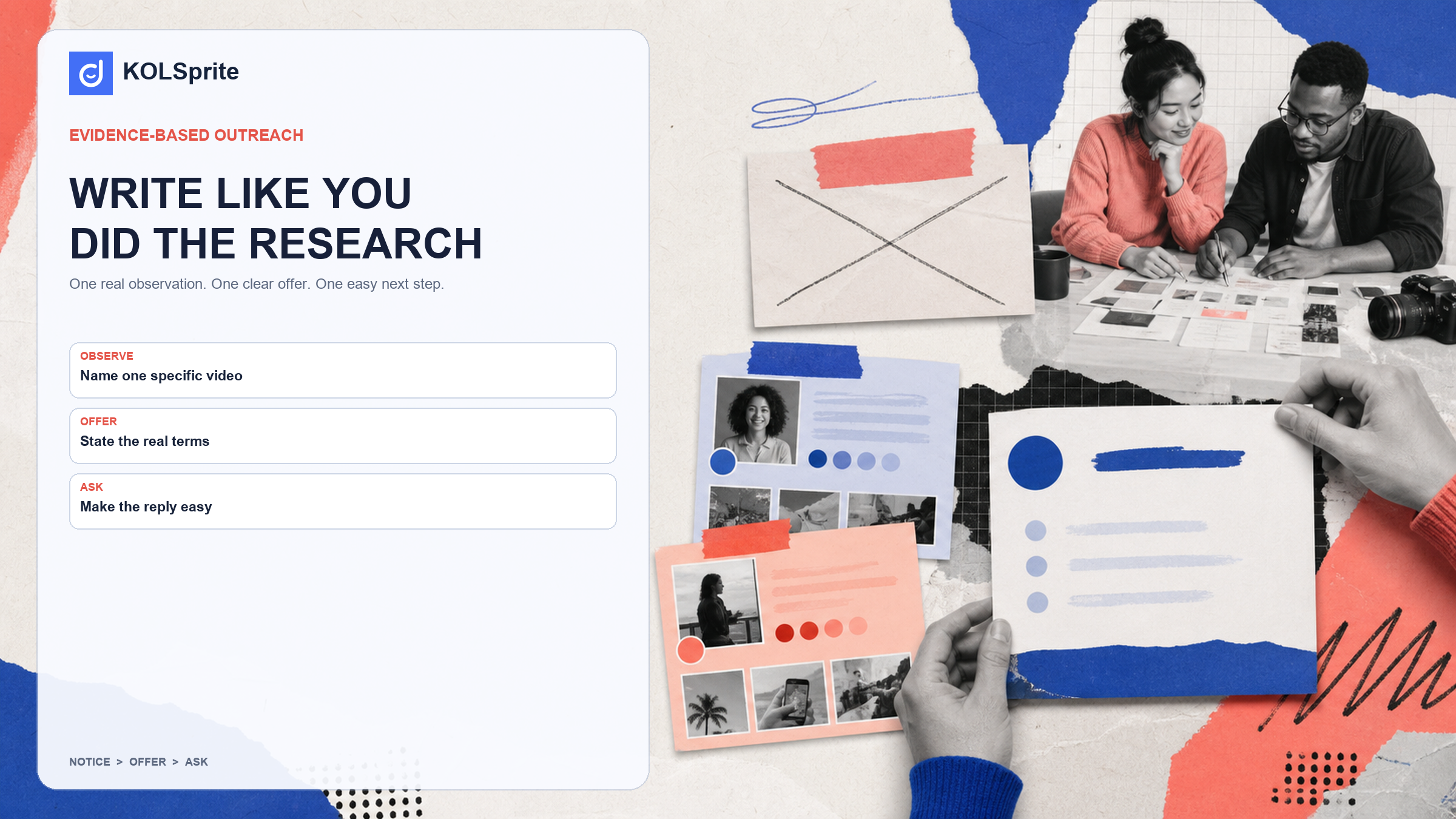 A generic influencer message compared with an evidence-based outreach template assembled from creator and video notes.