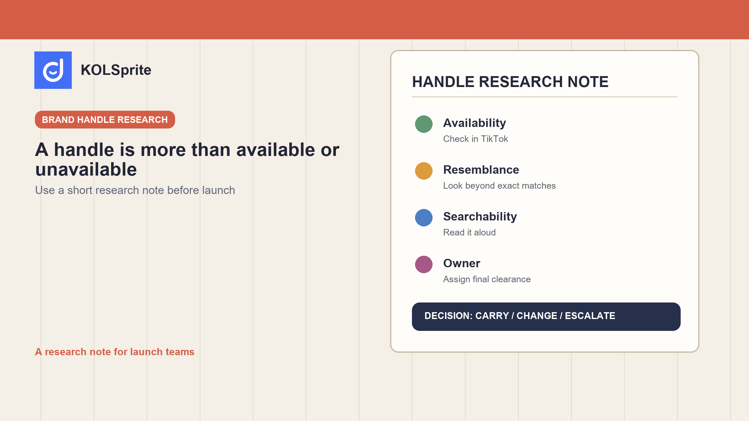 TikTok username checker research note with handle options, confusion checks, public-context notes, and a launch decision.