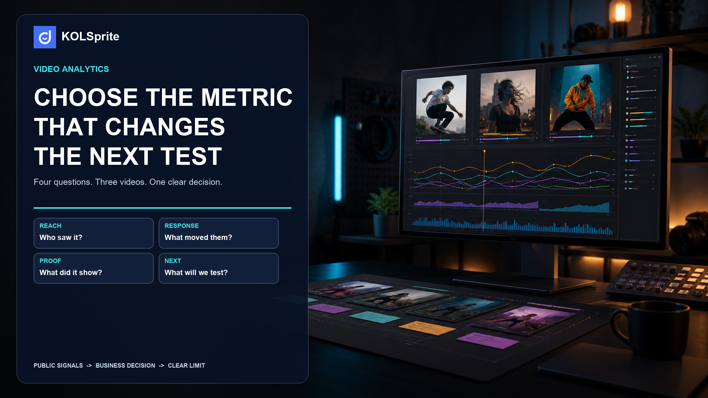 TikTok video analytics workspace comparing three videos across reach, response, proof, and next-test decisions.