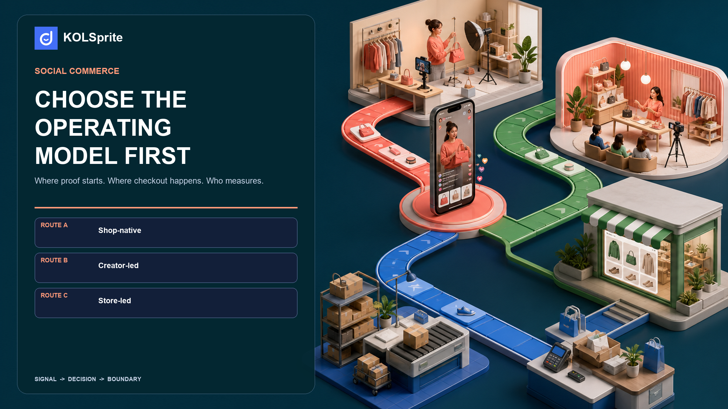 TikTok social commerce route map connecting creator proof, shoppable video, live shopping, storefront, and measurement handoffs.