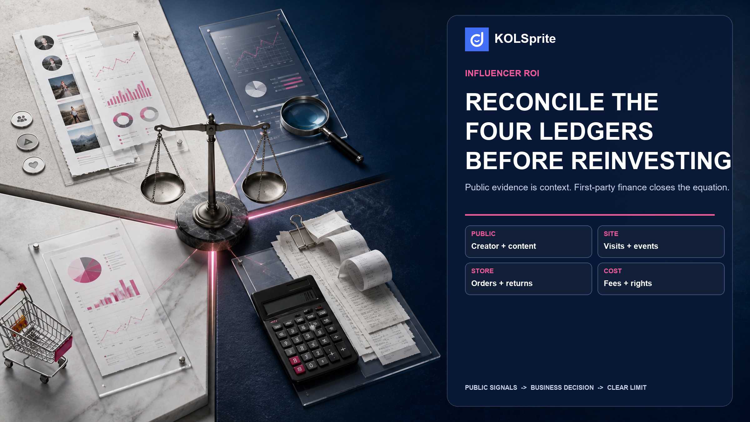 TikTok influencer ROI finance workspace reconciling creator proof, content, attribution, and cost ledgers.