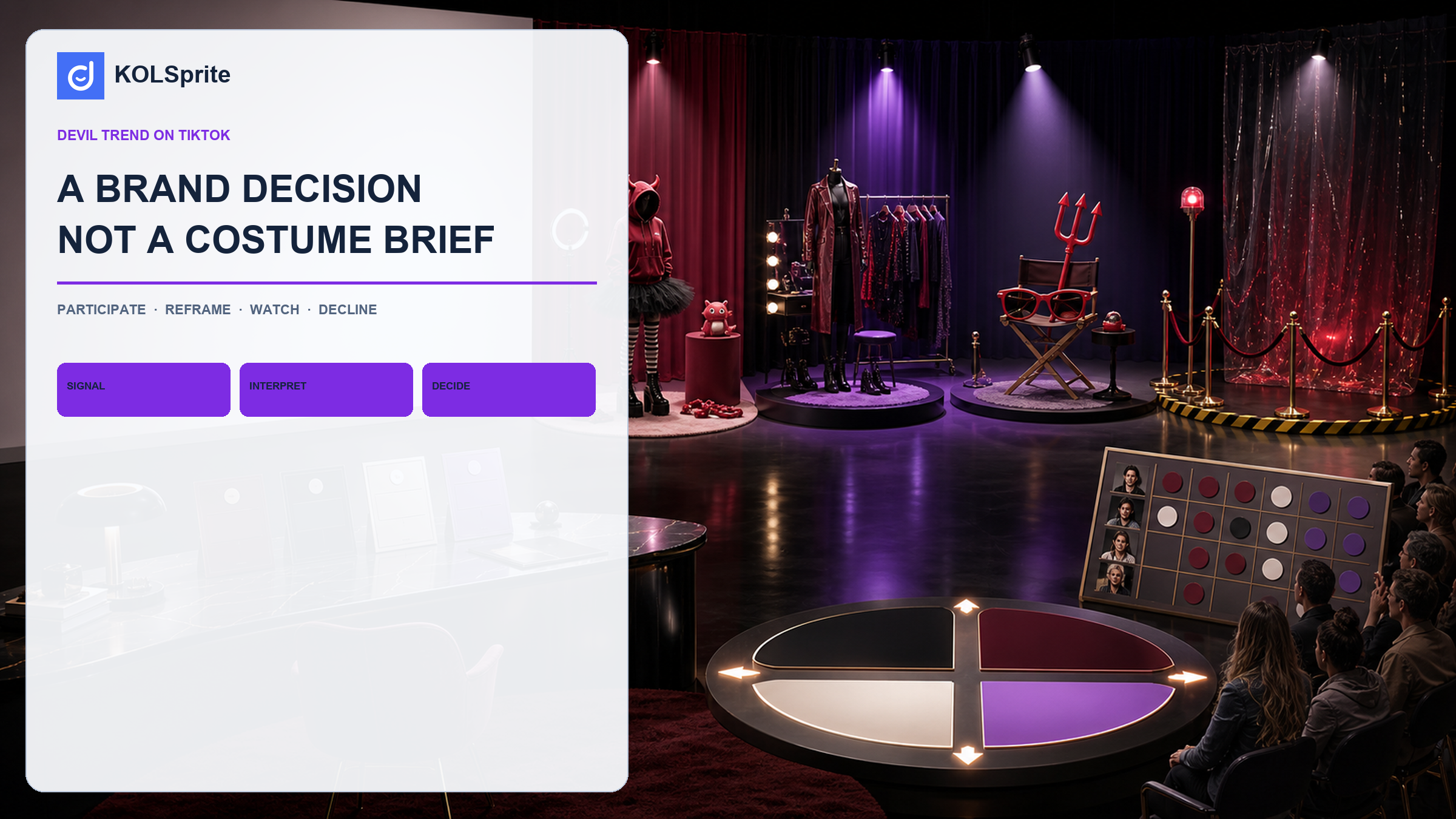 Devil Trend on TikTok brand review stage with four interpretations, audience reaction board, and participation decision compass.