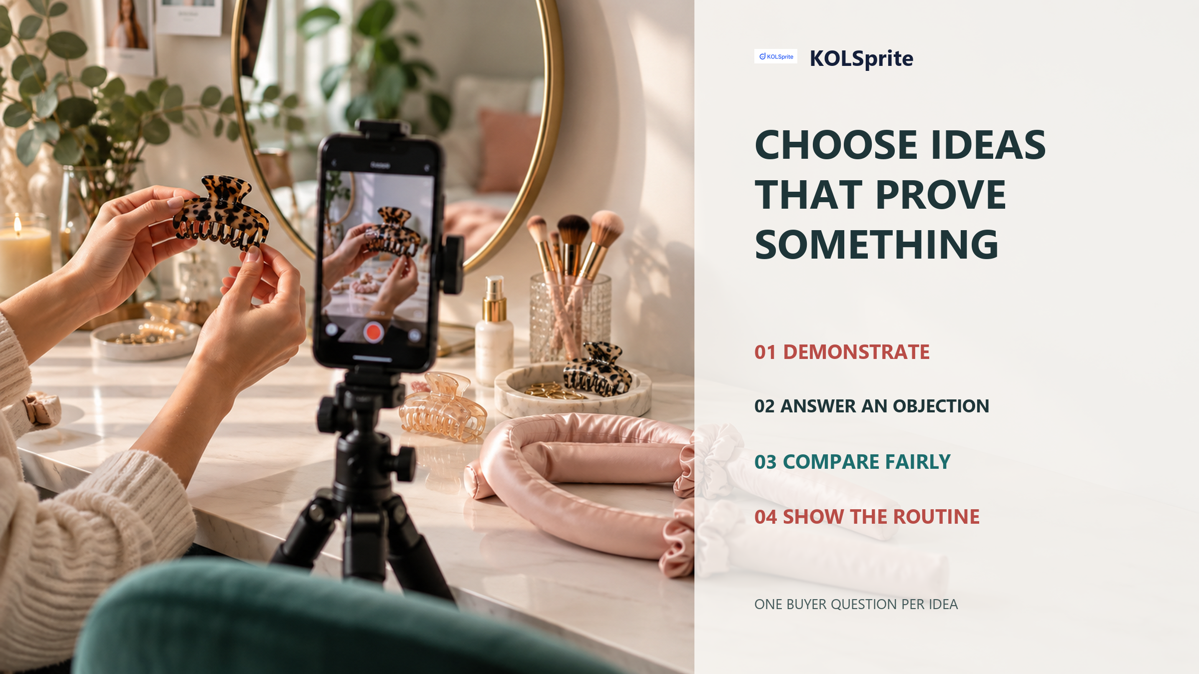 KOLSprite cover with a creator filming a beauty accessory and a four-part product-proof idea list.