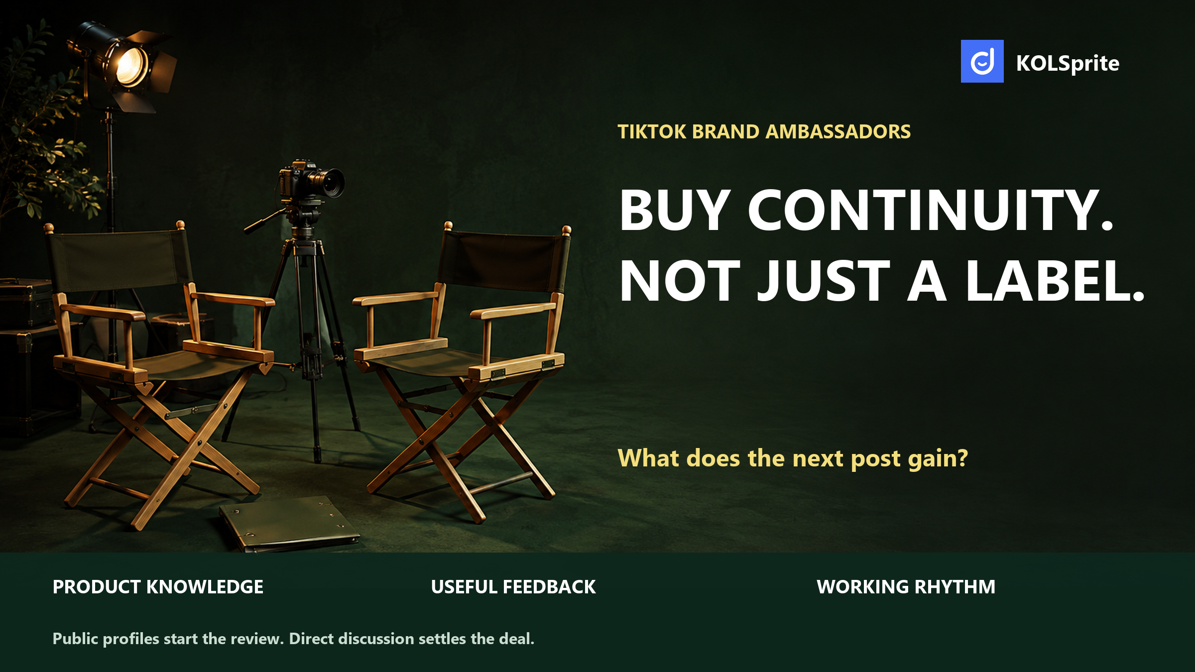 Empty director chairs beside three reasons for a repeat TikTok creator partnership: product knowledge, feedback, and working rhythm.