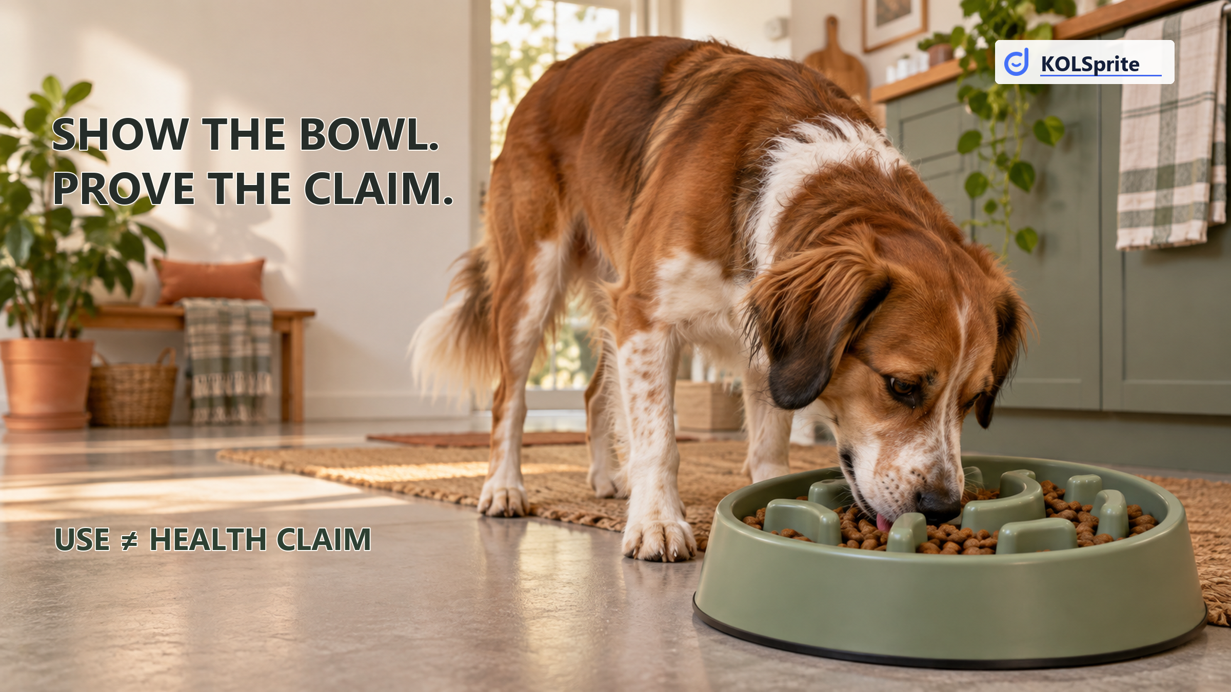 A dog eats from a ridged slow-feeder bowl in a home kitchen under a claim-review headline.