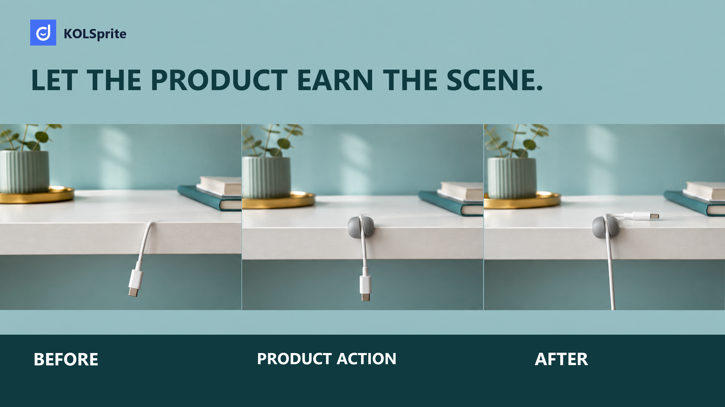 Three desk scenes show a loose cable, a cable clip in use, and a connector kept within reach. Illustrative product storytelling sequence.