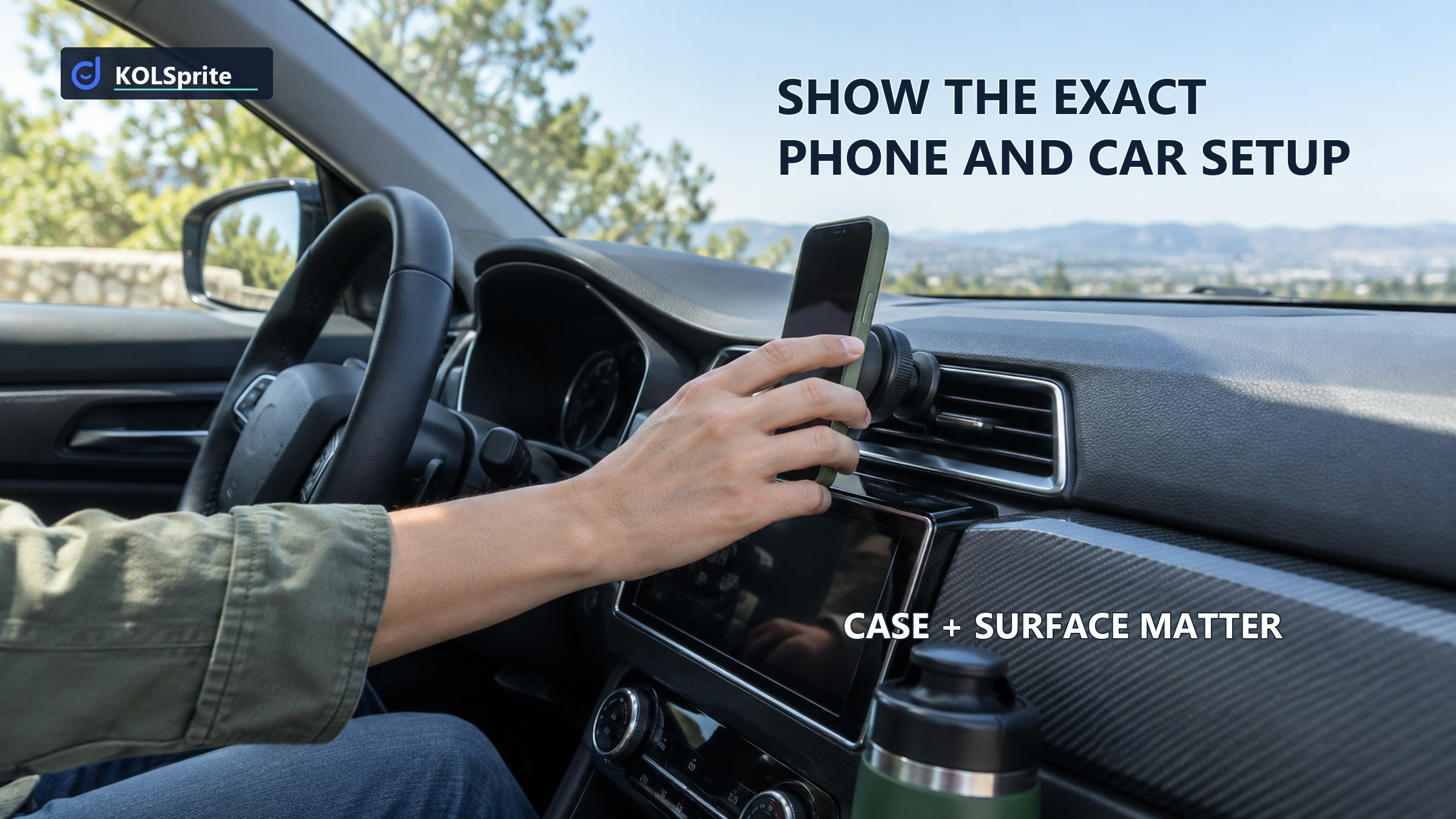 A phone being placed on a dashboard mount inside a parked car beneath a setup-testing headline.
