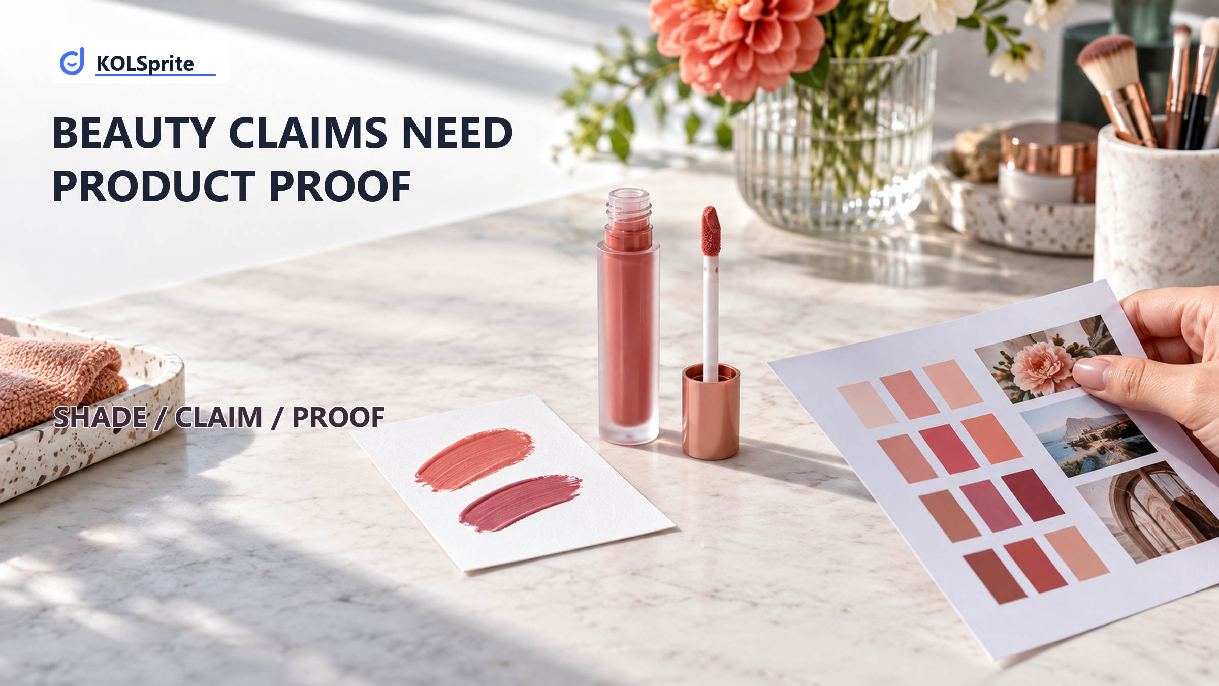 Lip color and shade swatches on a seller worktable under a headline about proving beauty claims.