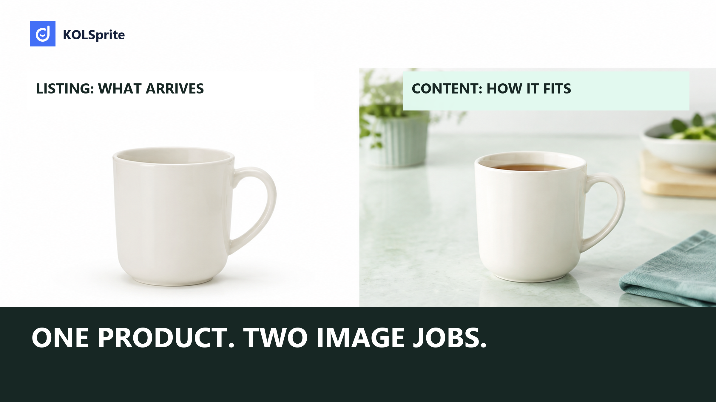 A ceramic mug shown as a plain product image and a contextual tea scene, comparing listing and content photography. Editorial illustration.