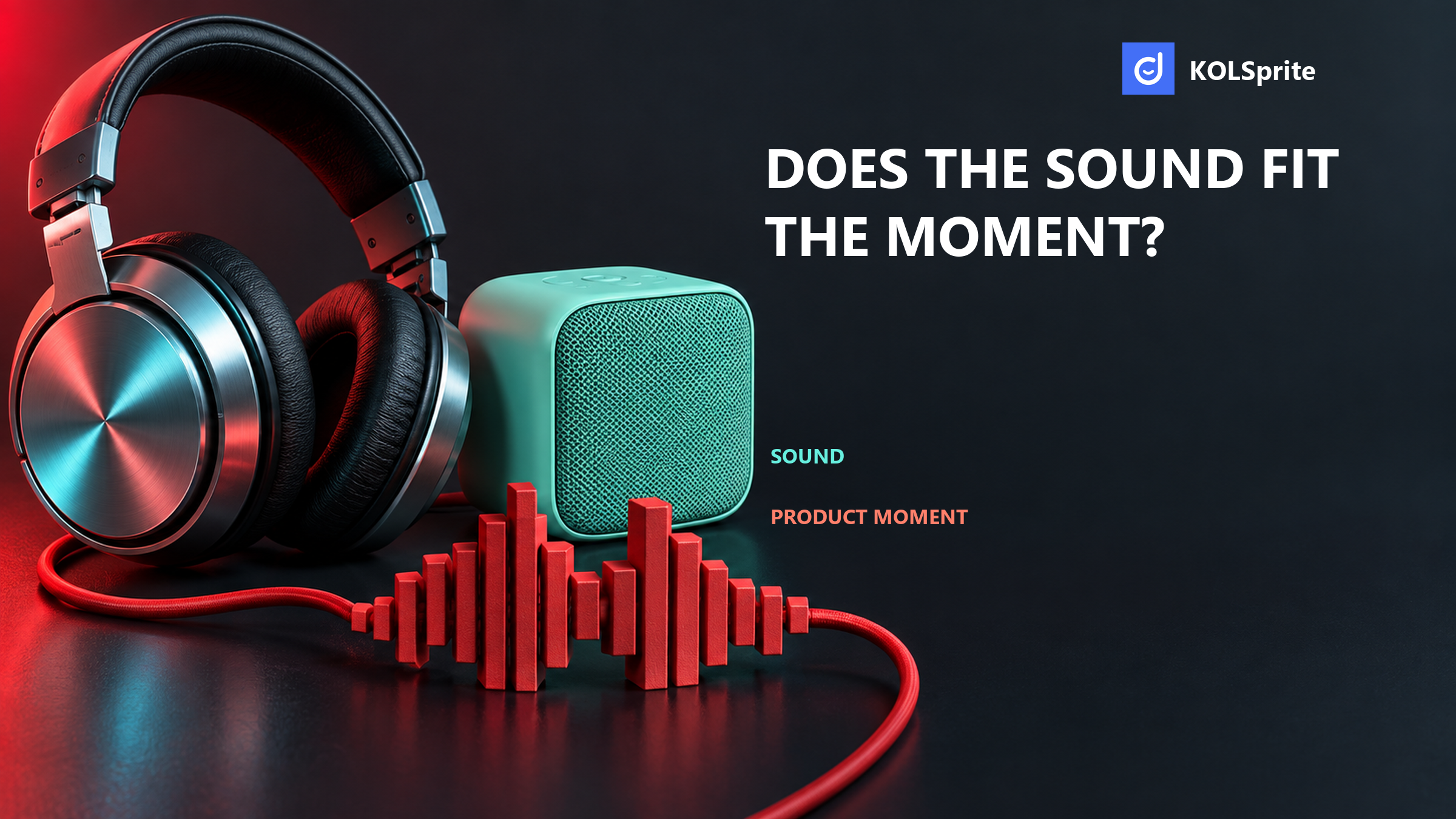 KOLSprite trending-sounds cover showing headphones, a speaker, a waveform, and a sound-to-product-moment decision.