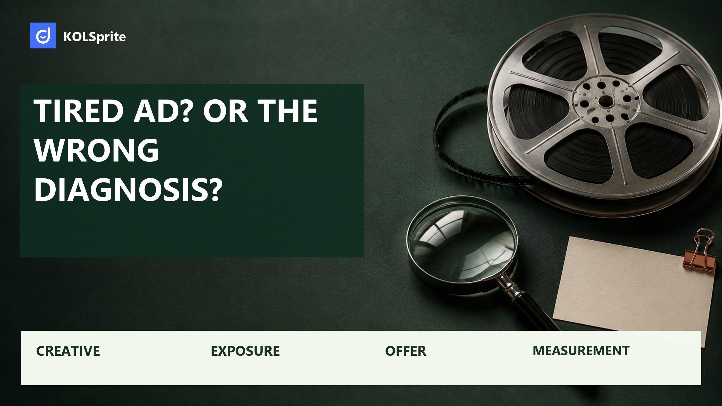 A film reel and magnifying glass illustrate checking creative, exposure, offer, and measurement before replacing an ad.