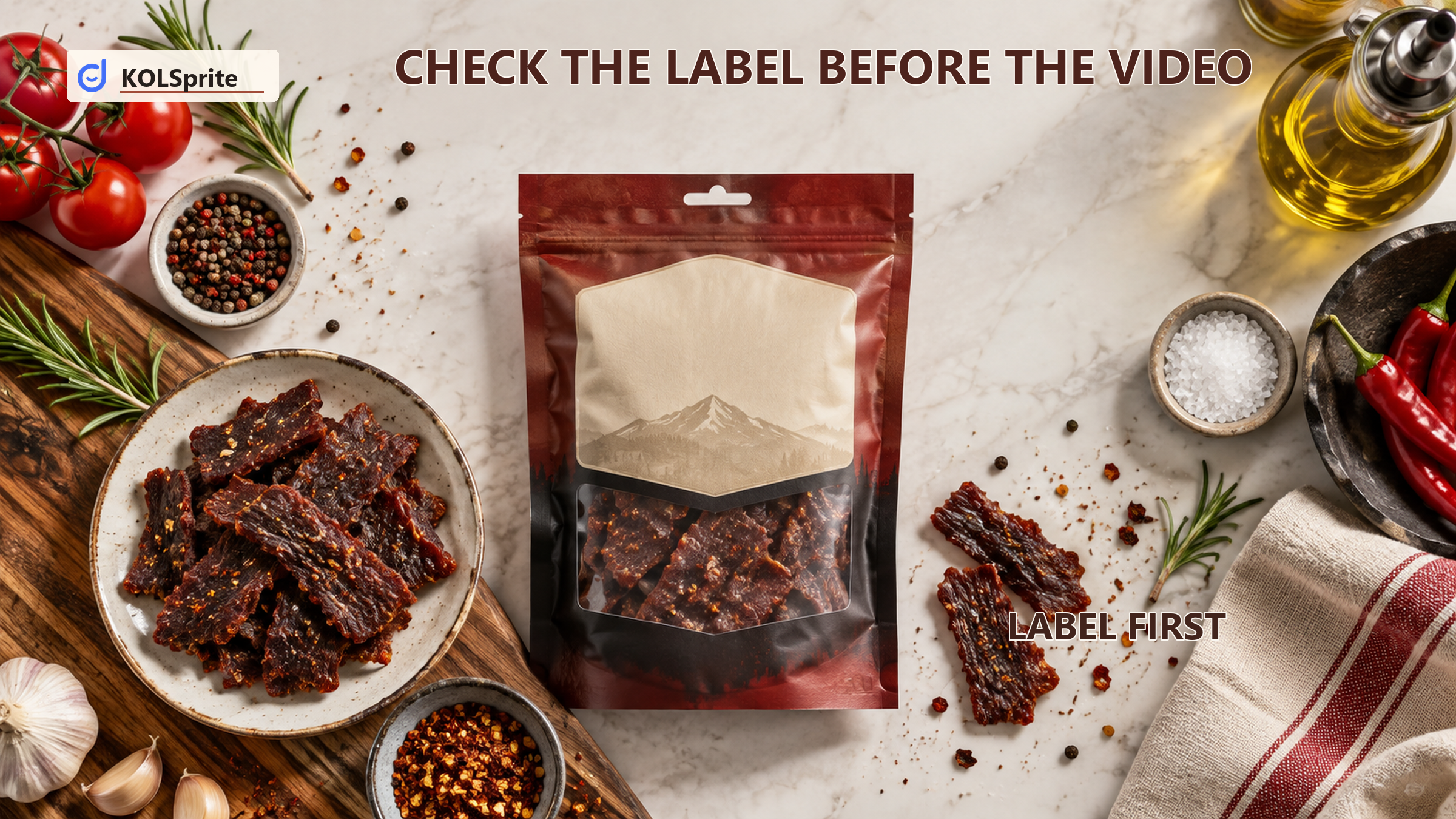 A package of beef jerky on a food-preparation counter under a headline about checking the label before filming.