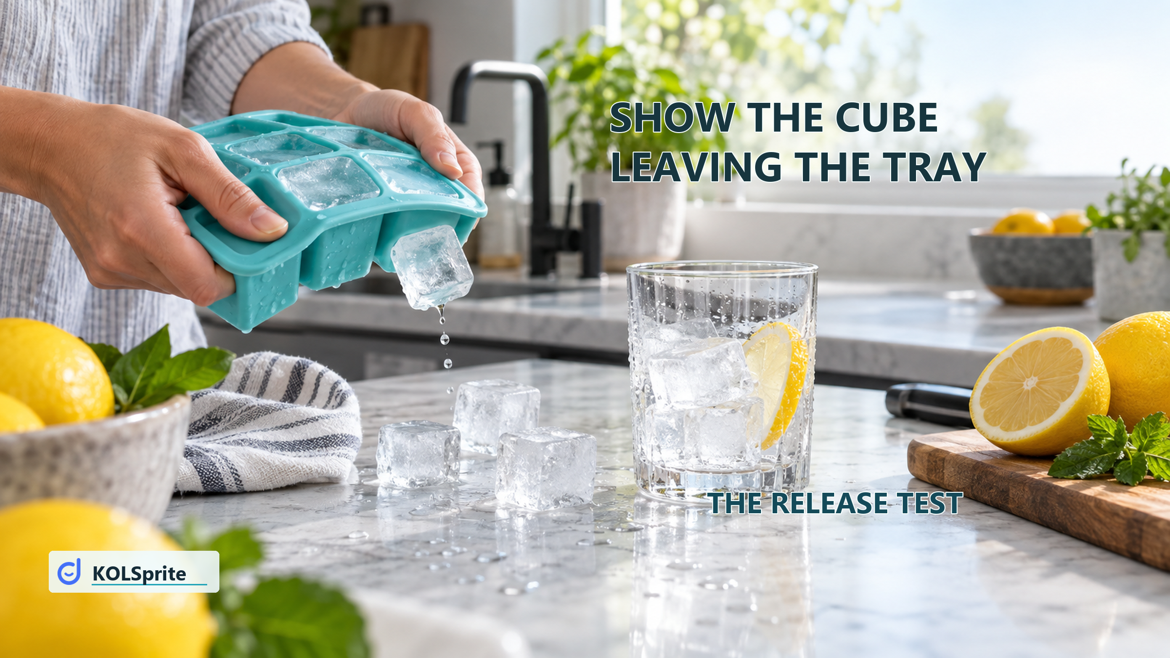 Hands flex a silicone ice tray to release a cube beside a clear glass in a kitchen.