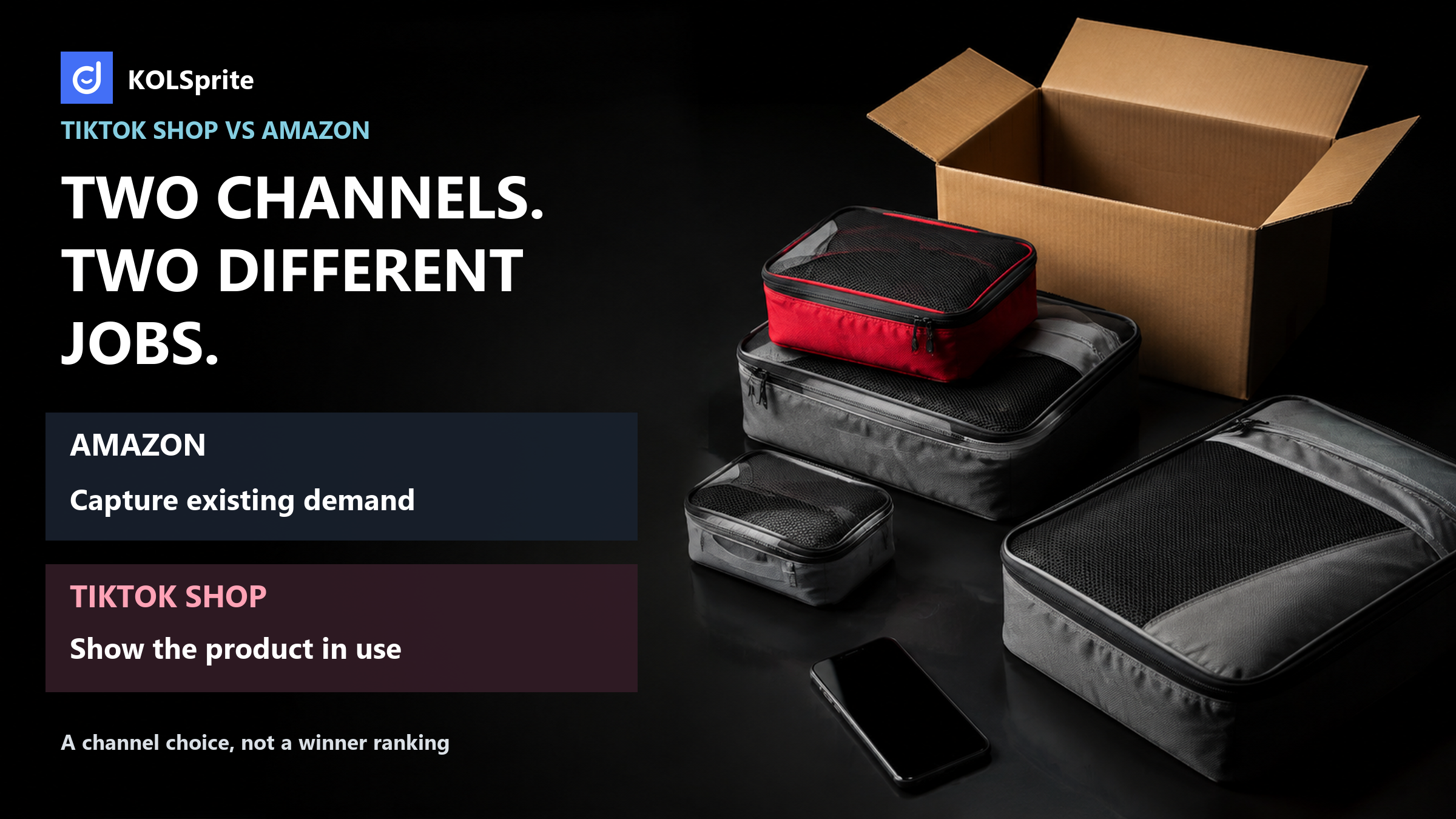 TikTok Shop versus Amazon channel comparison beside travel packing cubes, a shipping carton, and a phone.