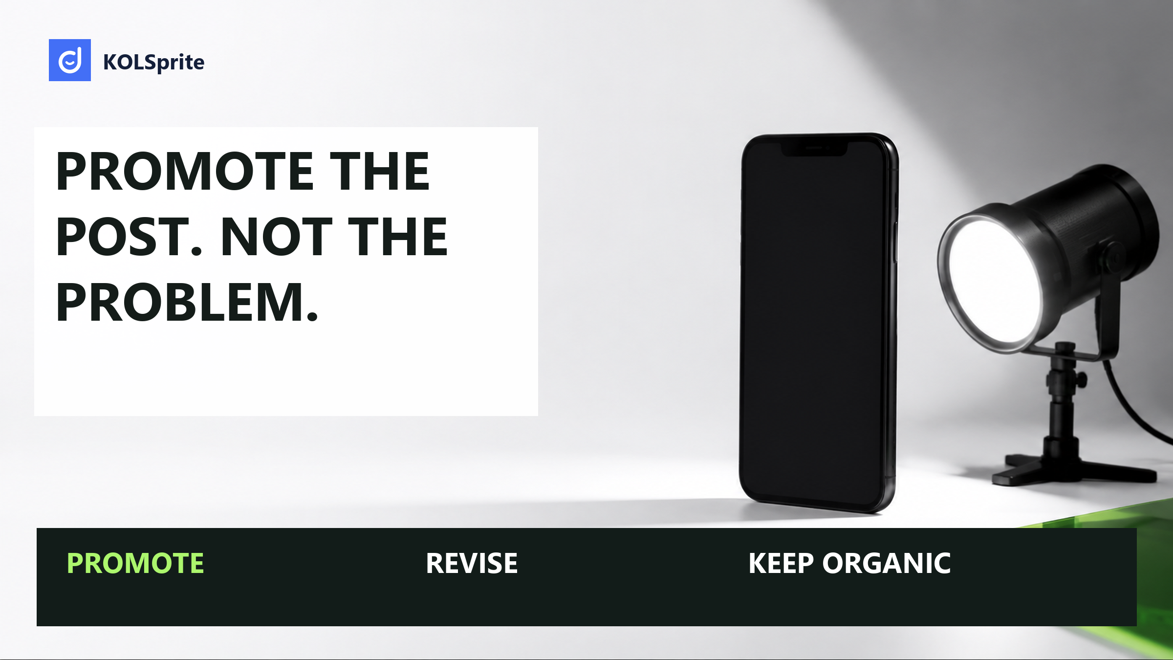 A phone and studio spotlight beside Promote, Revise, and Keep Organic choices. Editorial illustration for reviewing a post before Spark Ads.