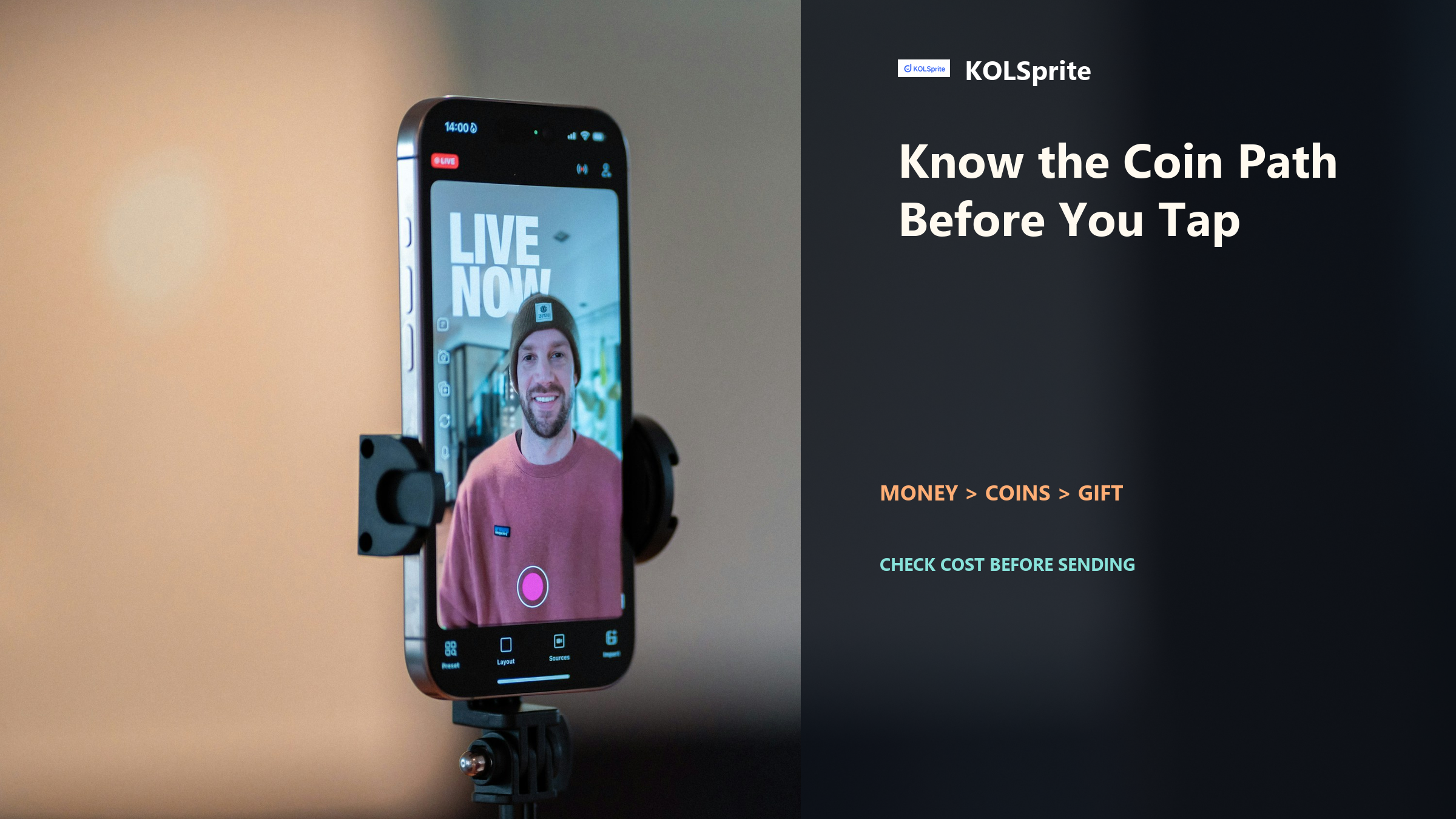 KOLSprite cover showing a smartphone broadcasting a livestream with the headline Know the Coin Path Before You Tap.
