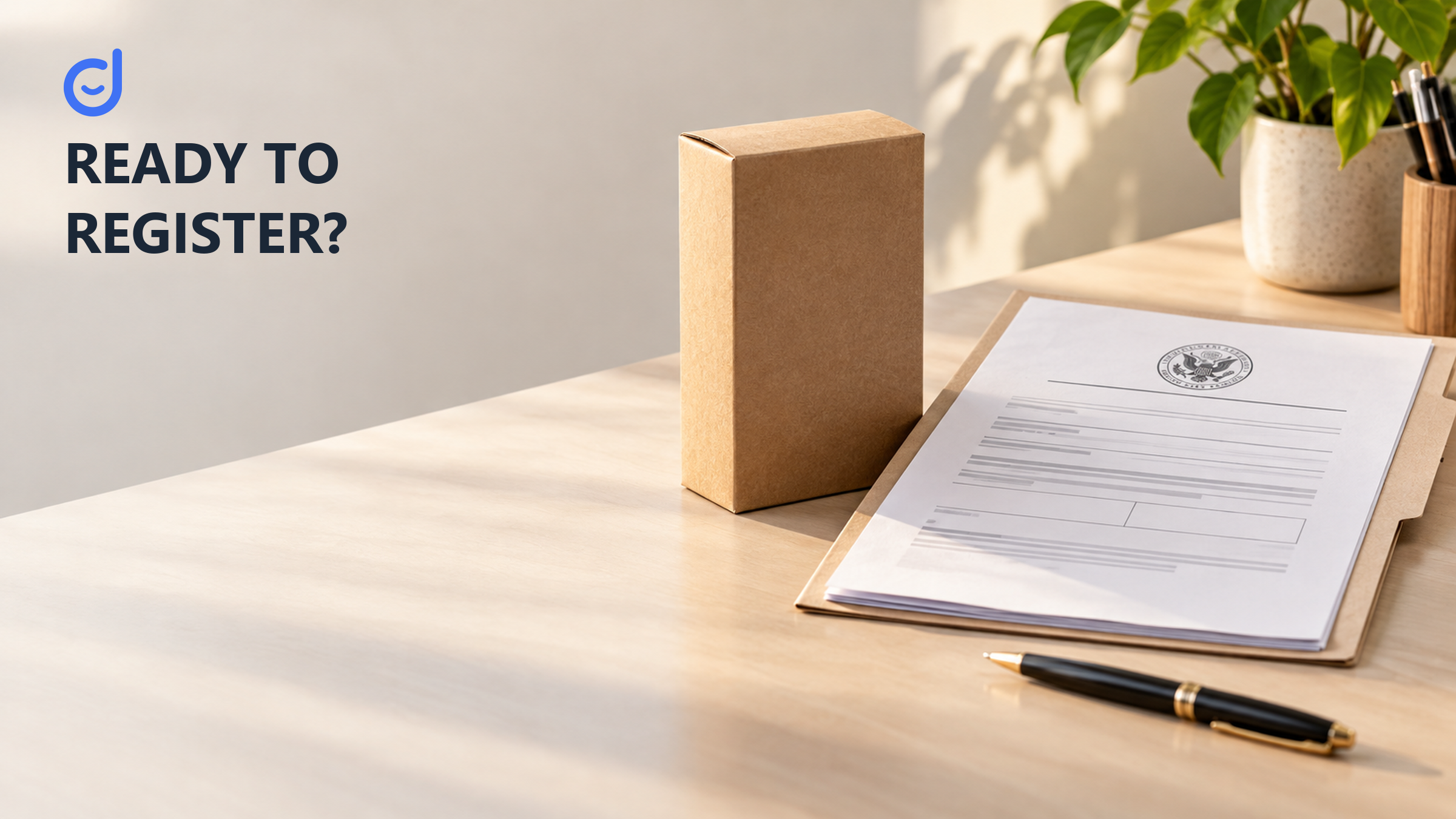 Plain shipping box and application papers on a bright desk beside a Ready to Register headline.