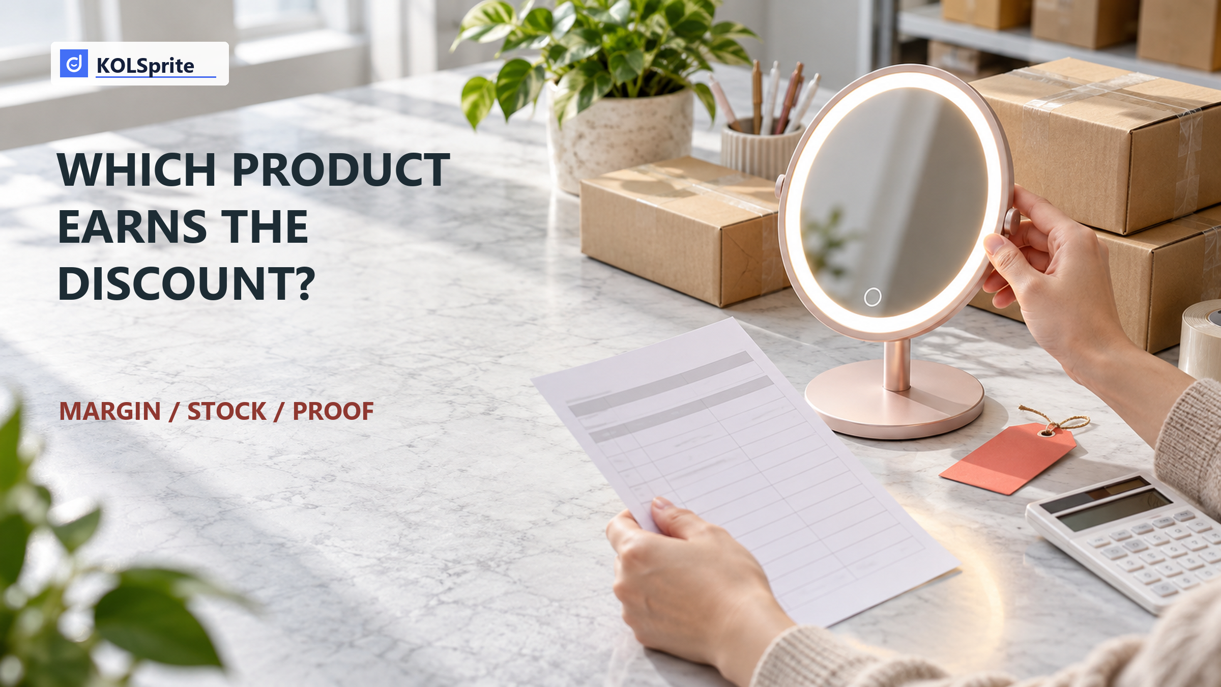 An LED cosmetic mirror beside a small sale tag and a handwritten margin worksheet.
