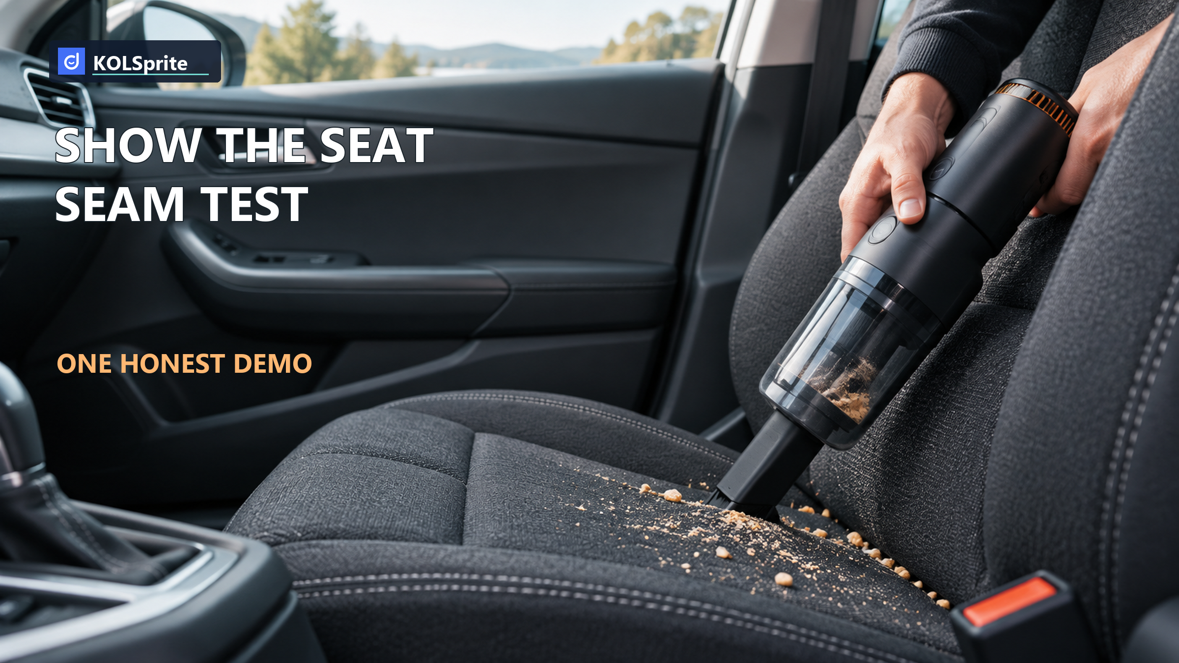 A cordless car vacuum cleaning a narrow seat seam with visible crumbs and a clear before-and-after boundary.