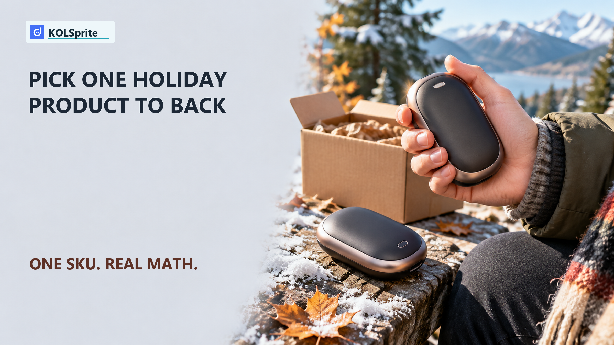 Pair of rechargeable hand warmers beside an open parcel outdoors, with a prompt to choose one holiday product