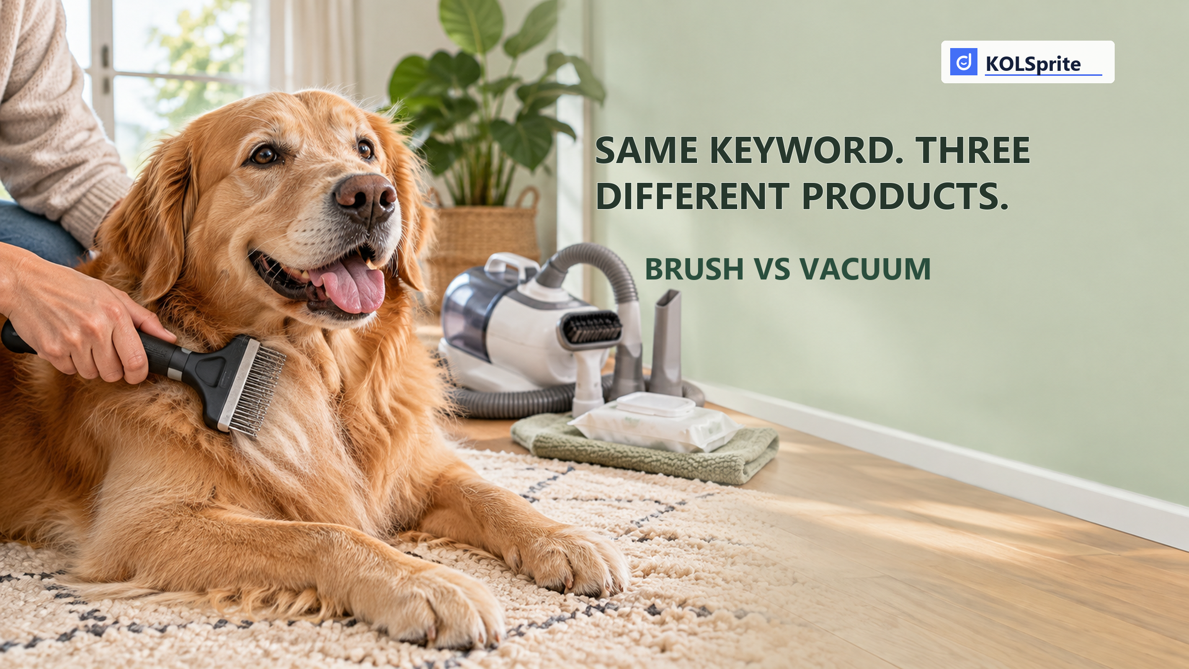 Dog groomed with a manual brush while vacuum grooming tools and wipes sit behind it