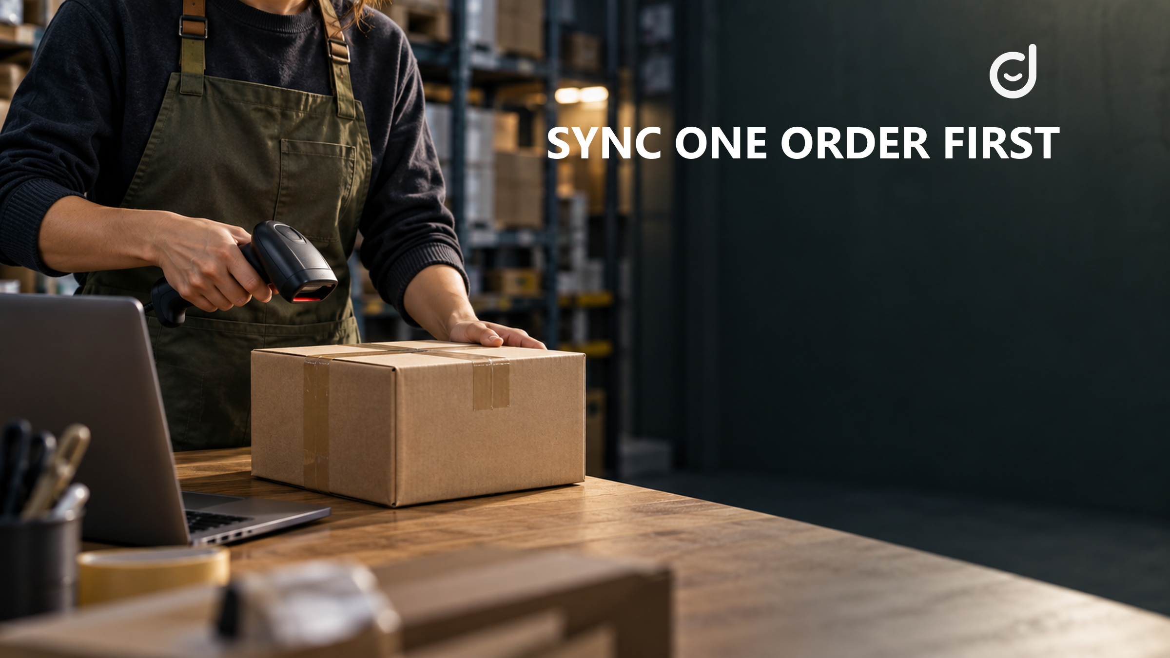 Warehouse worker scans a parcel under a Sync One Order First headline.