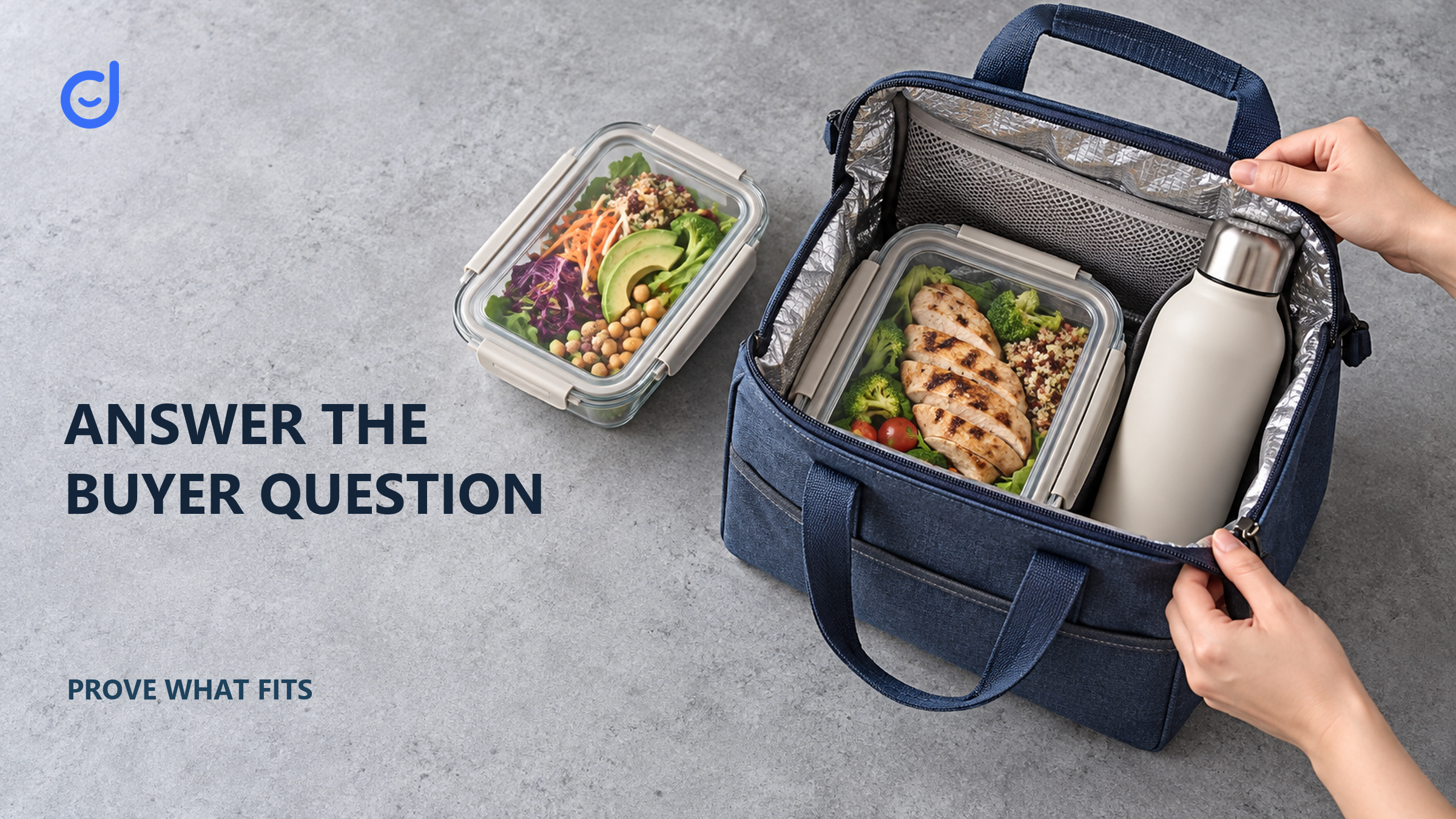 Open lunch bag with two meal containers and a bottle beside the headline Answer the Buyer Question.