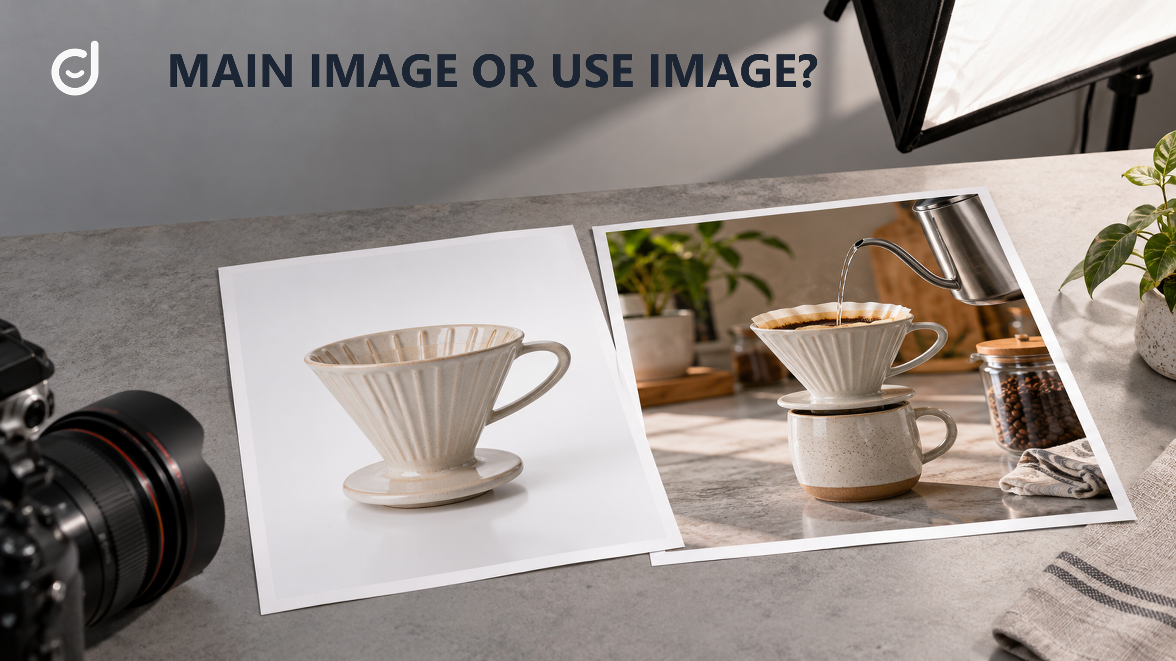 Two printed photos show the same coffee maker alone on white and in use, contrasting main and secondary listing images.