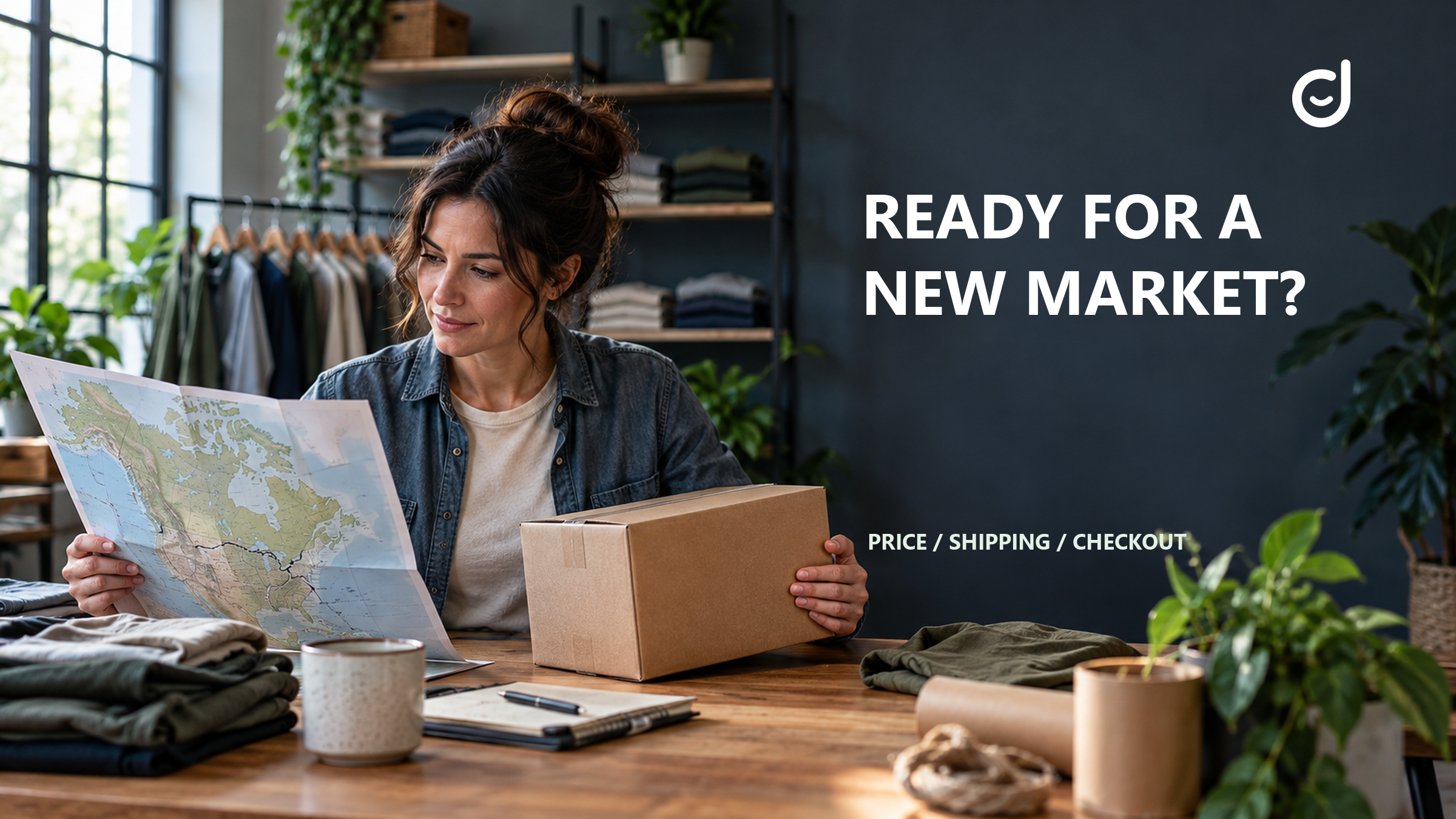 Shop owner reviewing a cross-border map with a parcel under the headline Ready for a New Market.