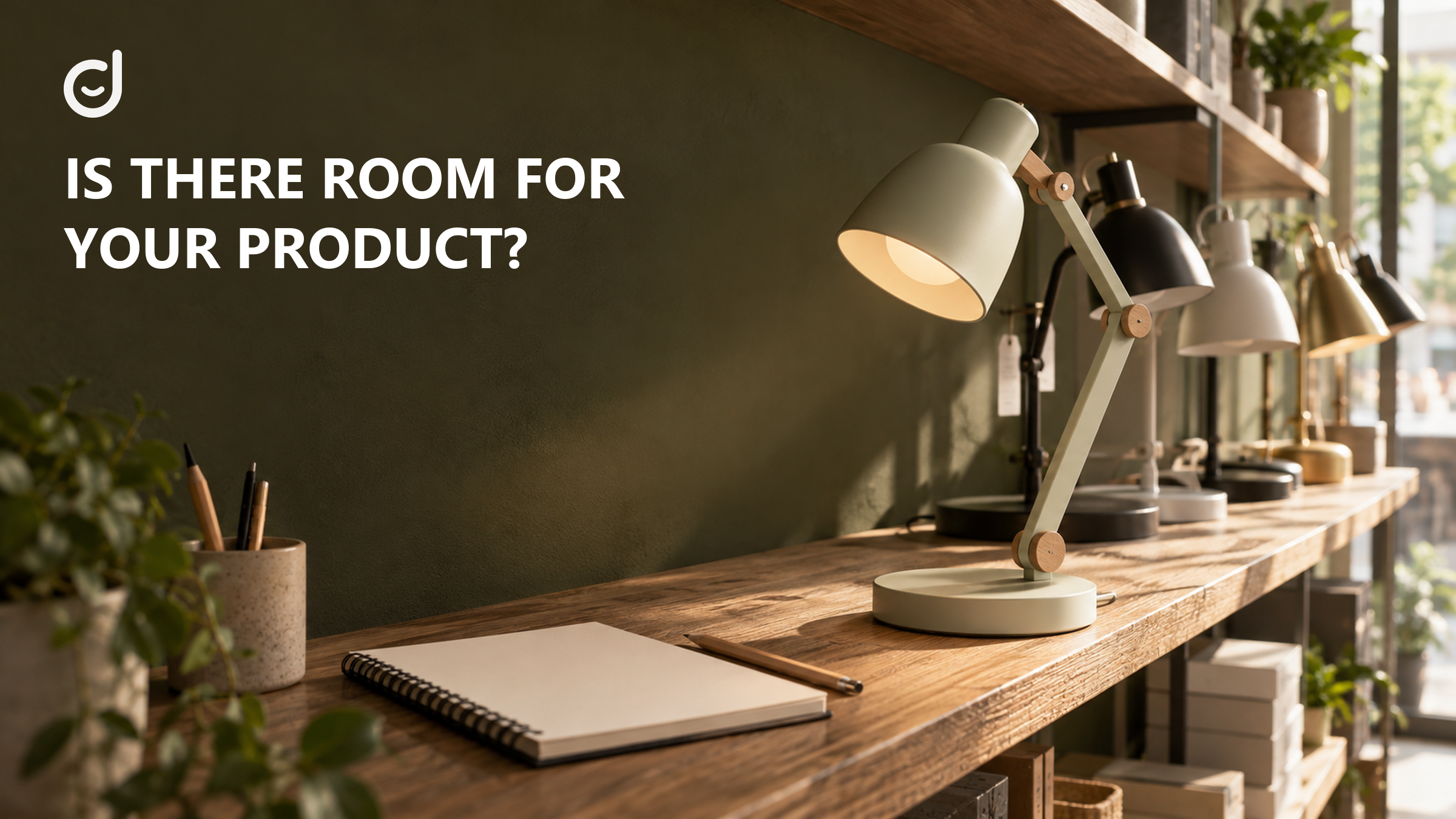 One desk lamp stands before a shelf of competing lamps, illustrating a product niche research decision.