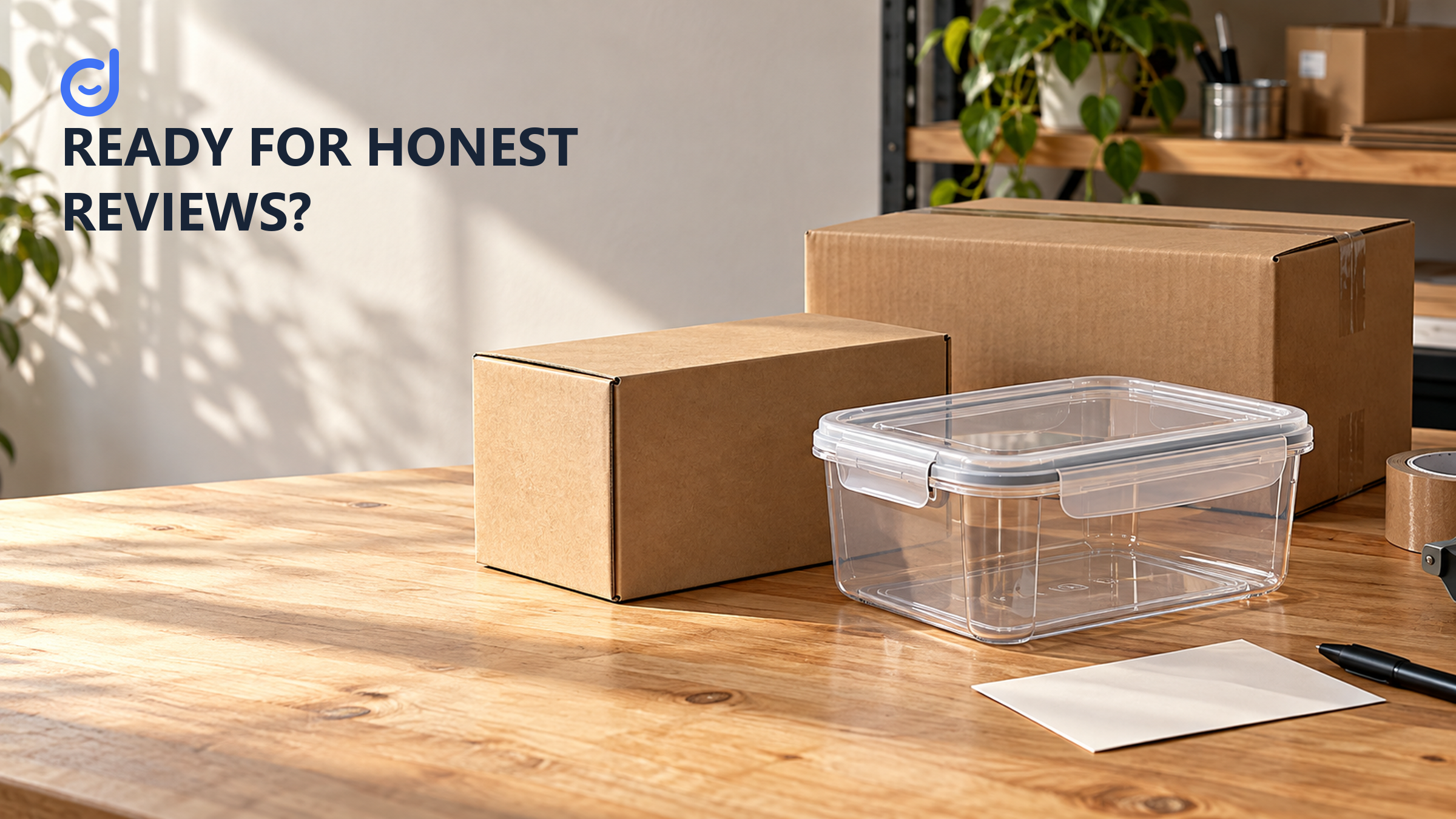 A storage container and shipping cartons on a seller worktable, with a question about readiness for honest reviews.