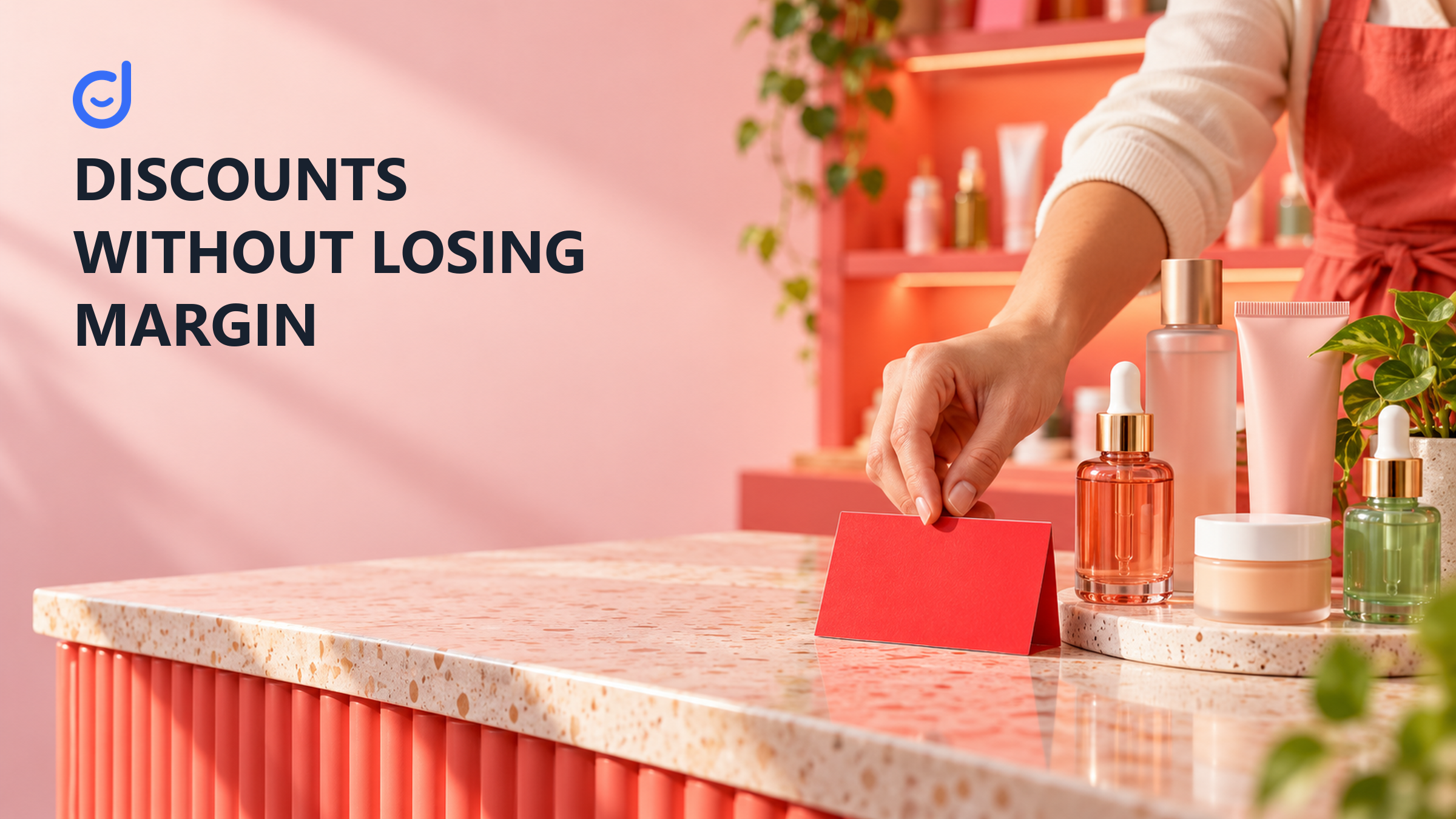 A seller placing a blank promotional card next to skincare products on a counter.
