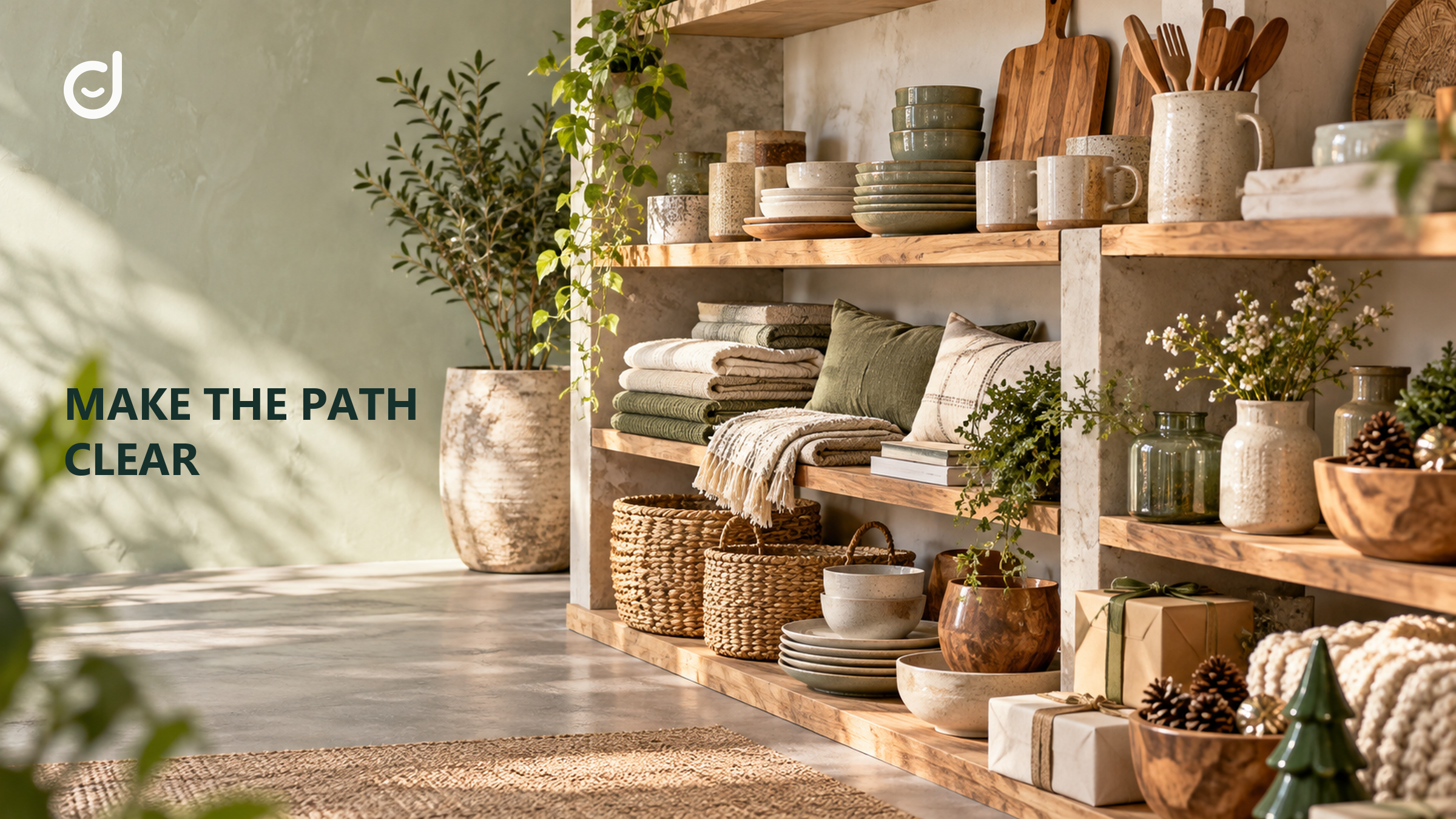 Organized shelves of home goods and gifts beside a Make the Path Clear headline.